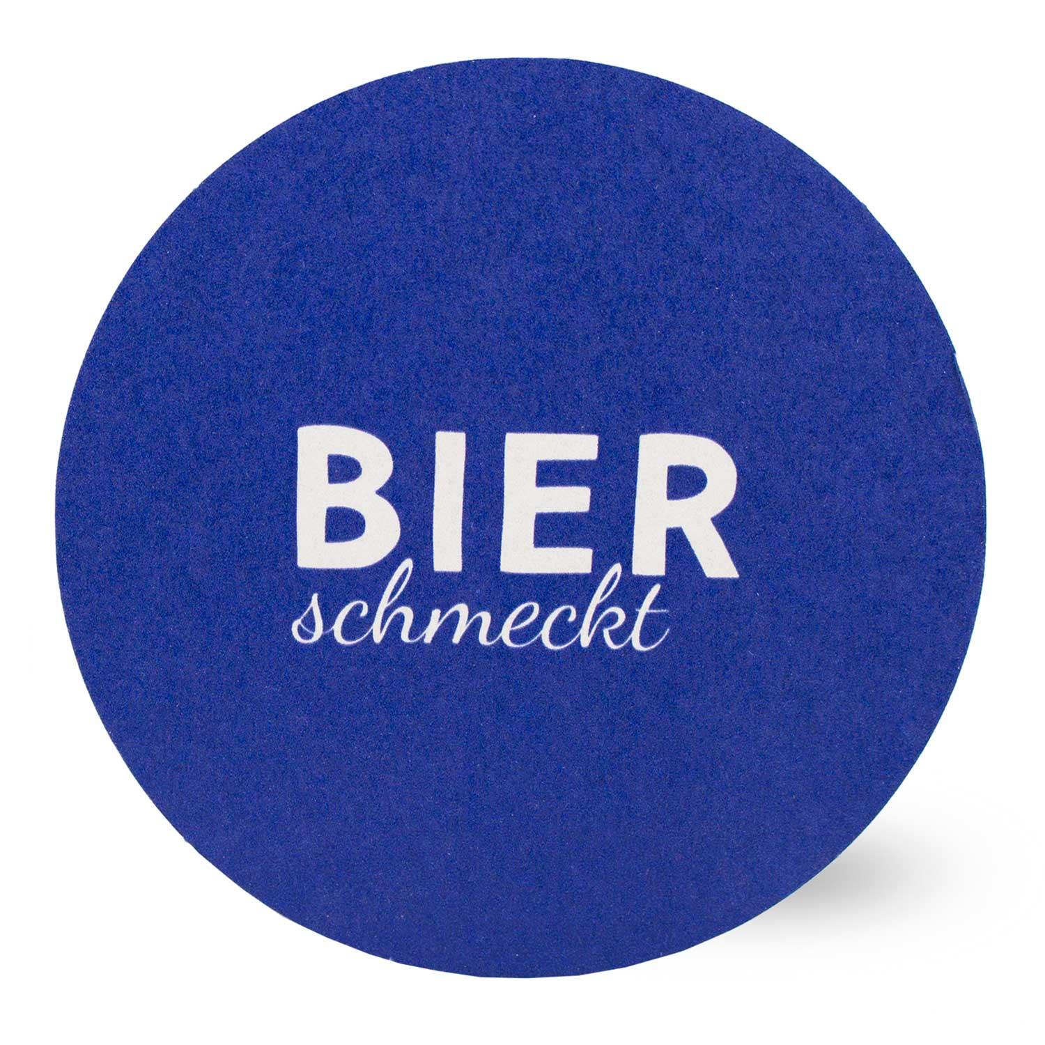 Runder Bierdeckel mit schwarzem Aufdruck „Bier schmeckt“ in Schreibschrift, 20 Stück, Ø 107 mm, stabile Pappe.