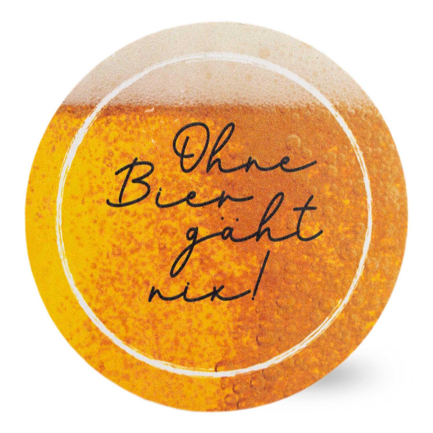 Runder Bierdeckel mit schwarzem Aufdruck „Ohne Bier gäht nix!” auf weißem Grund, aus Pappe, 20 Stück, Ø 107 mm