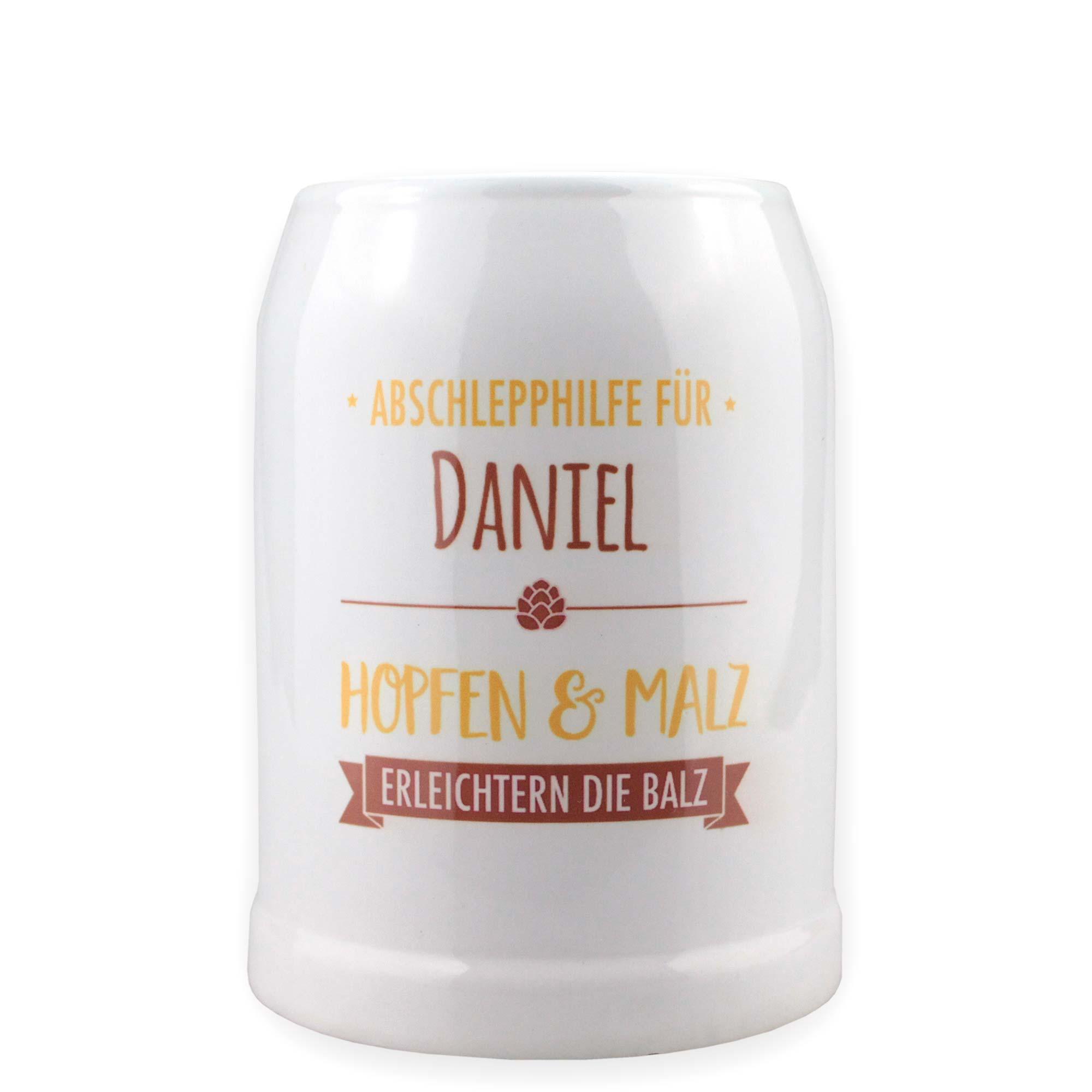 Personalisierbarer Bierkrug aus Klarglas mit Henkel, Gravur „Abschlepphilfe“ und individueller Namensaufdruck.