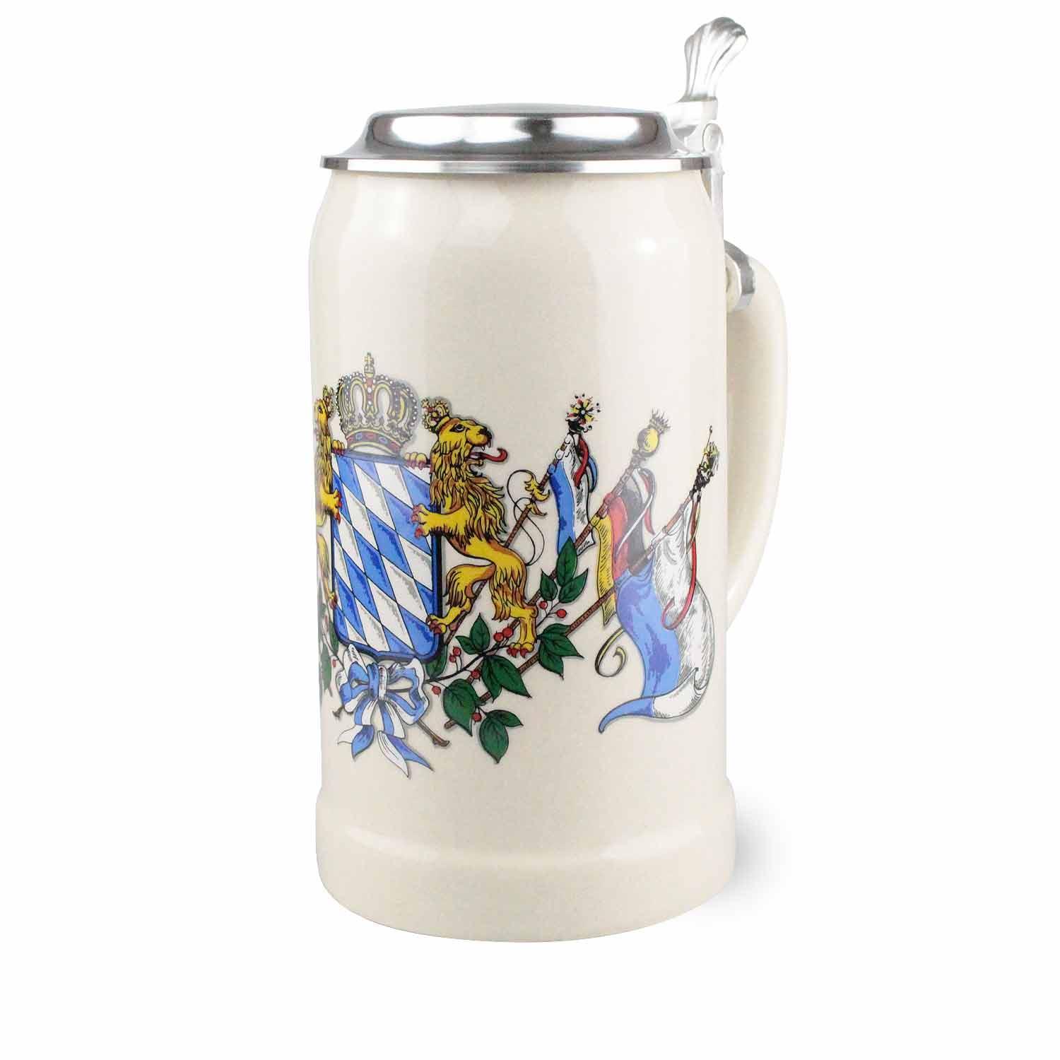 Traditioneller Bierkrug aus Steingut mit Zinndeckel, bayerischem Wappen und Bayern-Rauten; grau-blau, 1,0 l.