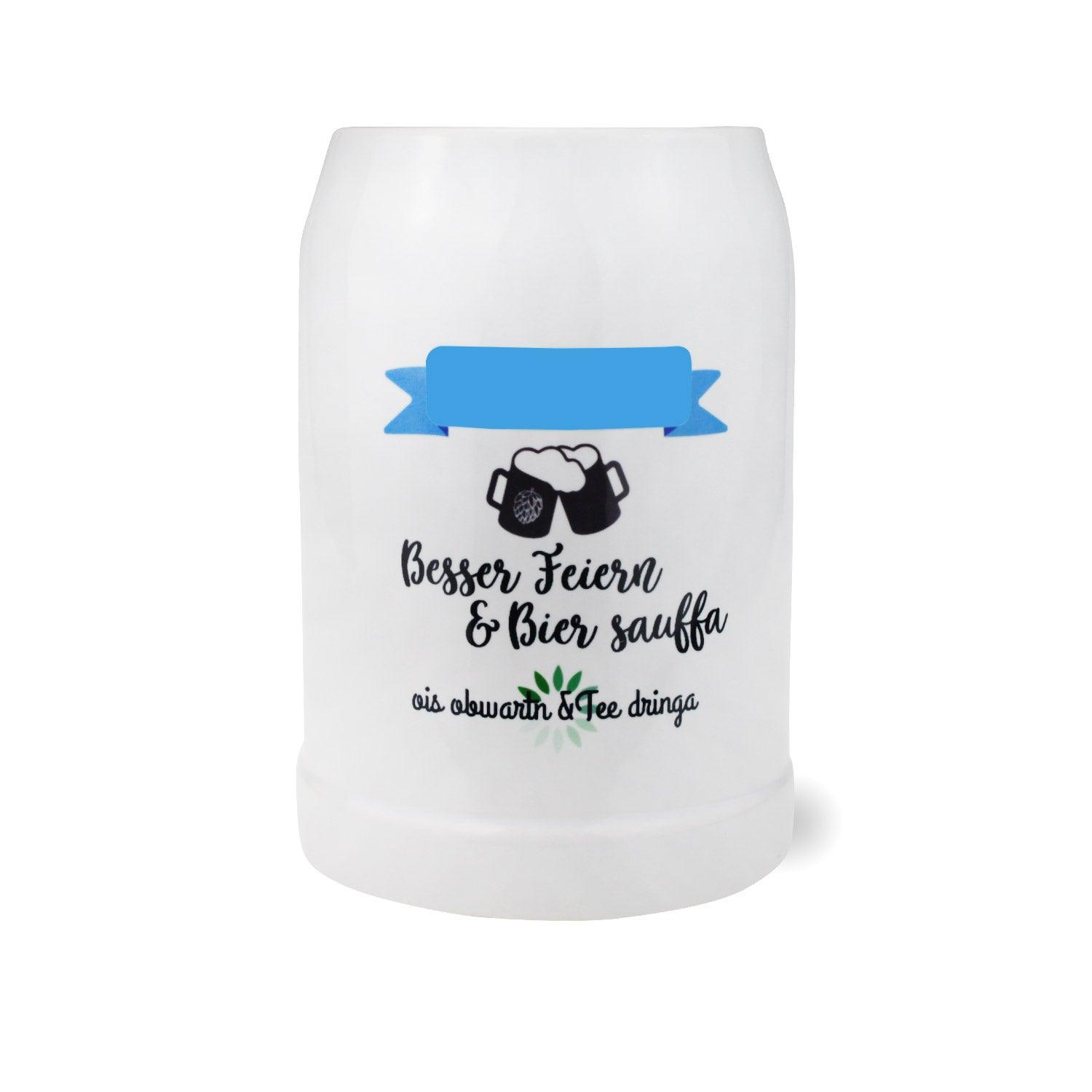 Personalisierbarer Bierkrug aus Klarglas mit geschliffenem Boden, Gravur „Feiern“ und Wunschname, 0,5 Liter.