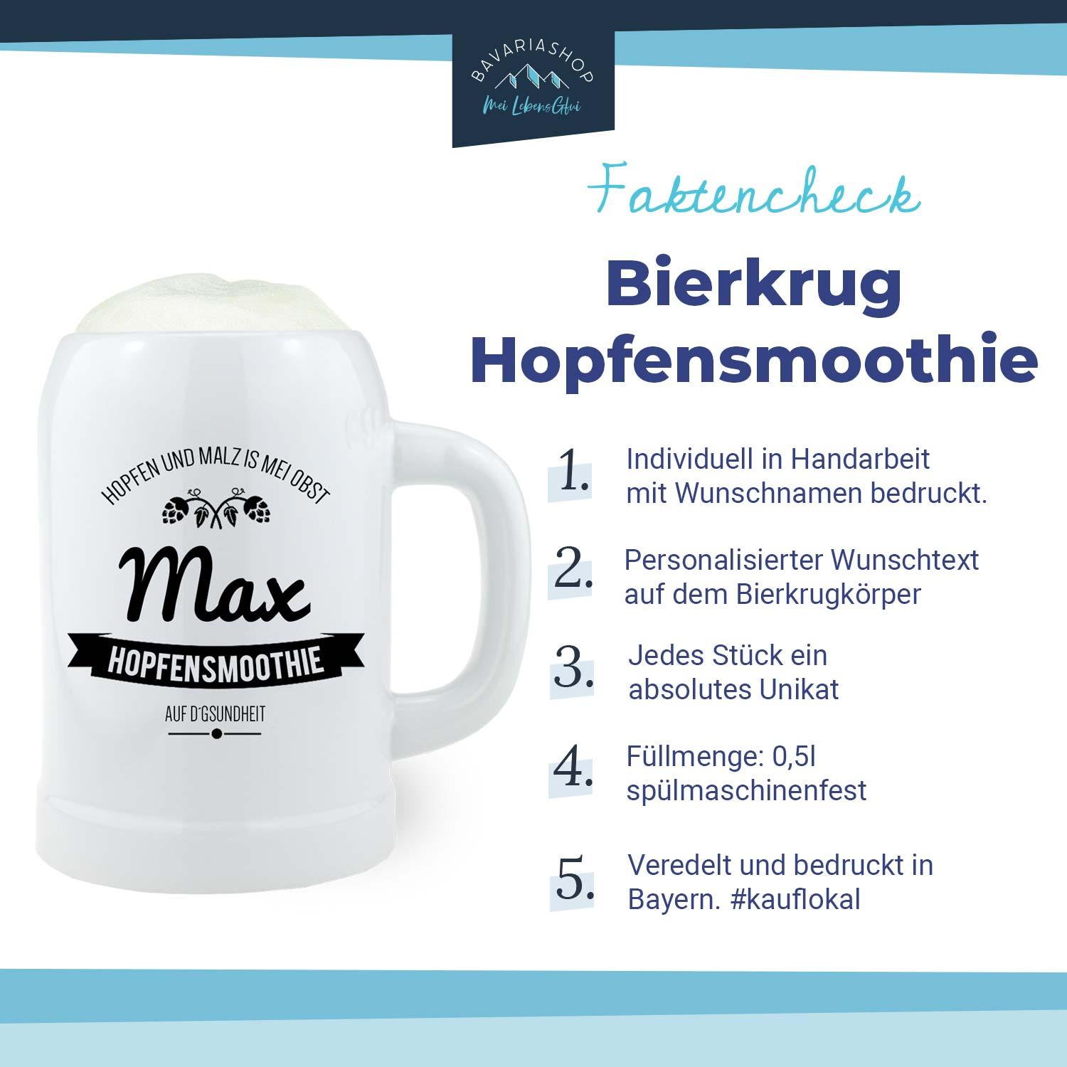 Personalisierter Bierkrug aus Keramik mit Gravur „Hopfensmoothie“, Schrift in Schwarz, bauchige Form, 0,5 Liter.