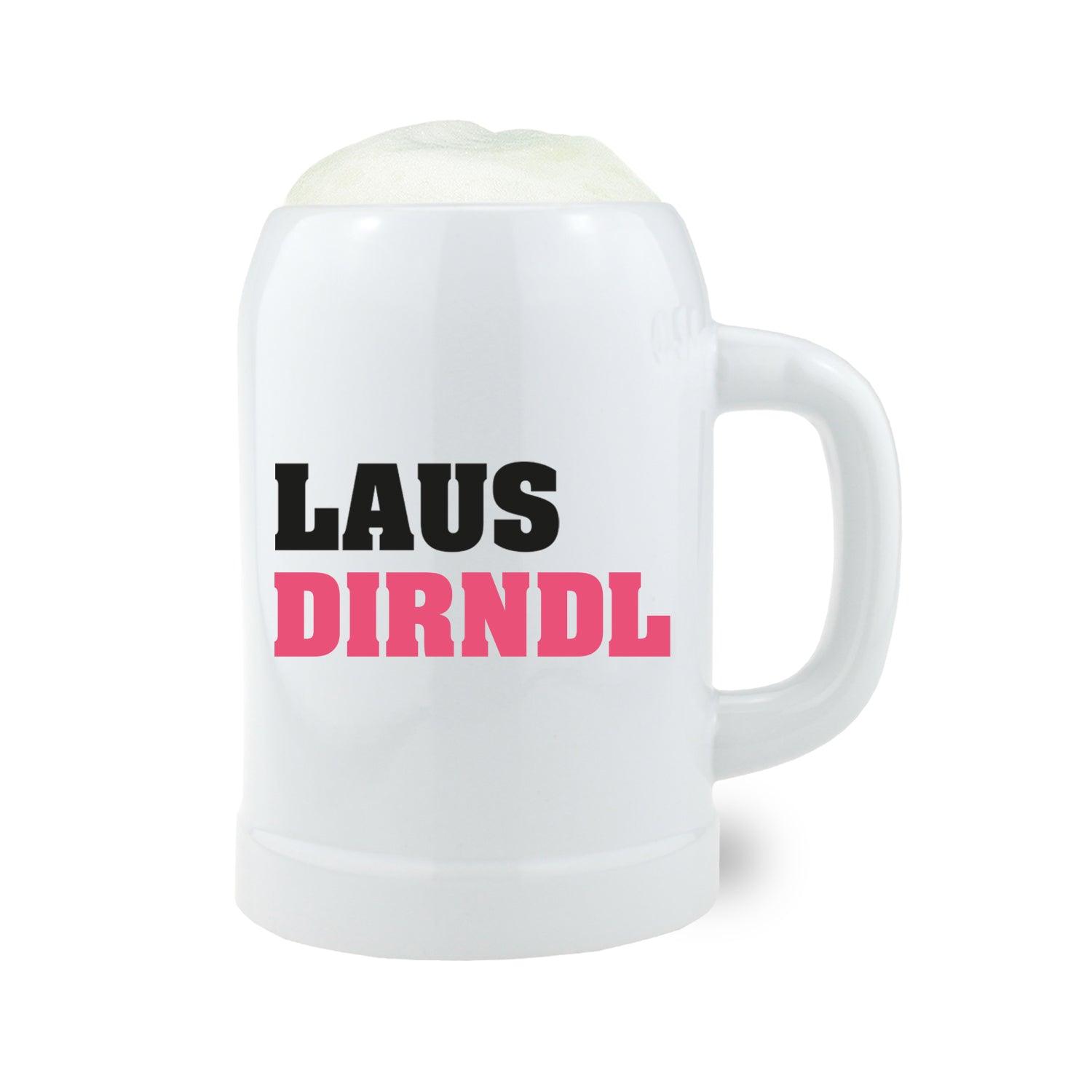 Bierkrug aus Stein mit Henkel, Vorderseite mit dem bayrischen Schriftzug „Lausdirndl“, 0,5 Liter, grau-beige.