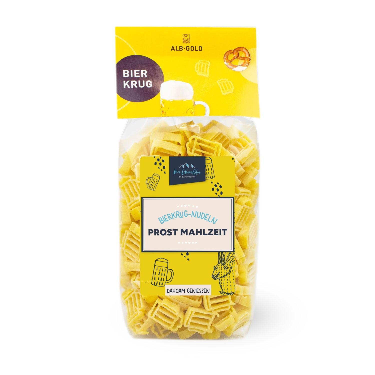 Originelle Nudeln in Form von gelben Bierkrügen mit Henkel, glatt strukturiert, aus Hartweizengrieß, 250 g.