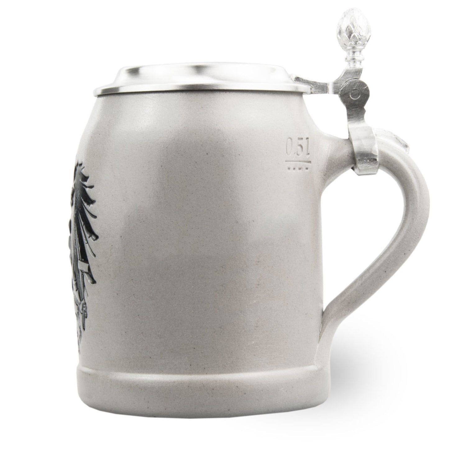 Personalisierter Bierkrug aus Steinzeug mit Zinndeckel, graviertem Wappen Österreich