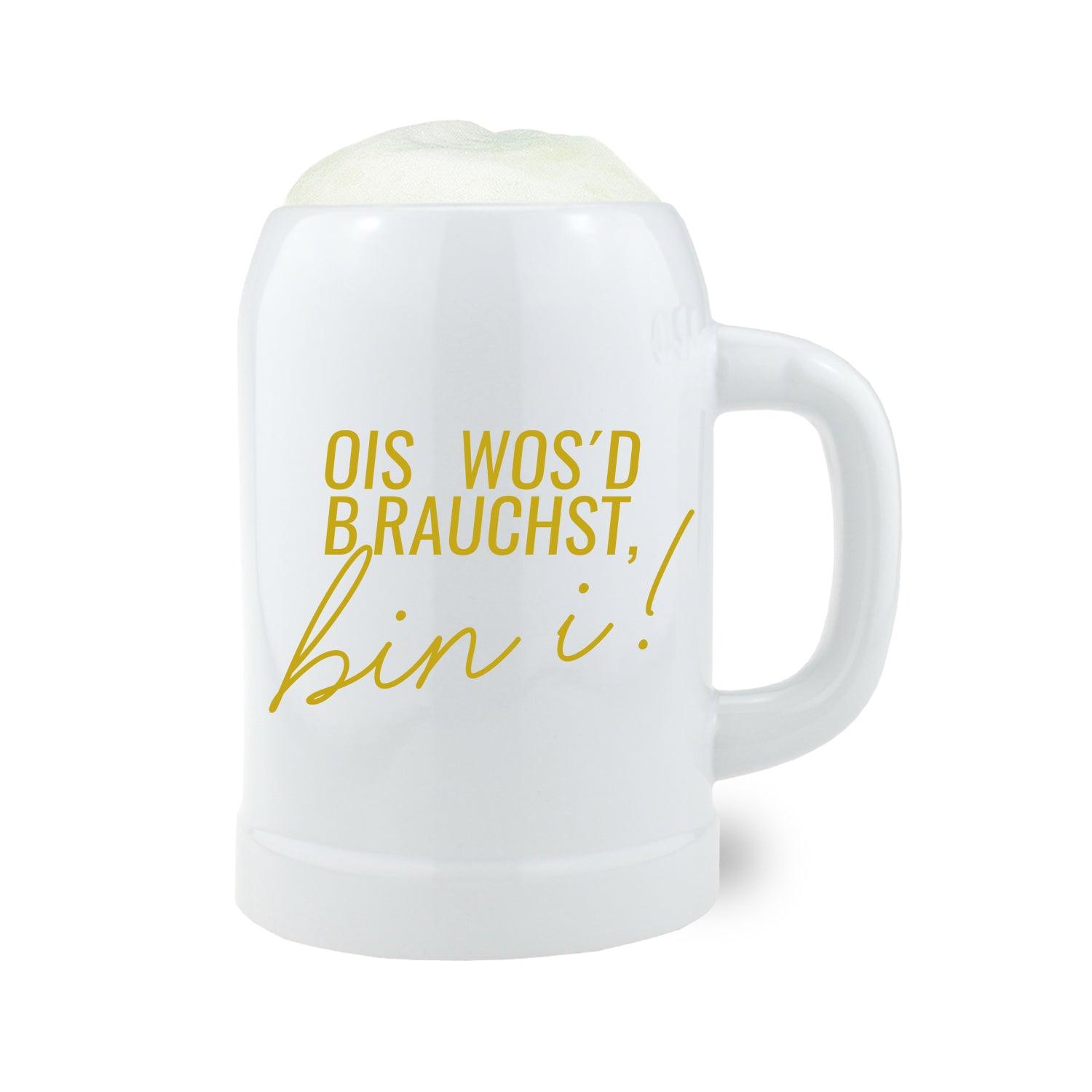 Steinkrug mit Henkel und bayrischem Schriftzug „Ois wos’d brauchst...“, matt grau, Füllmenge 0,5 Liter, ca. 126 mm hoch.