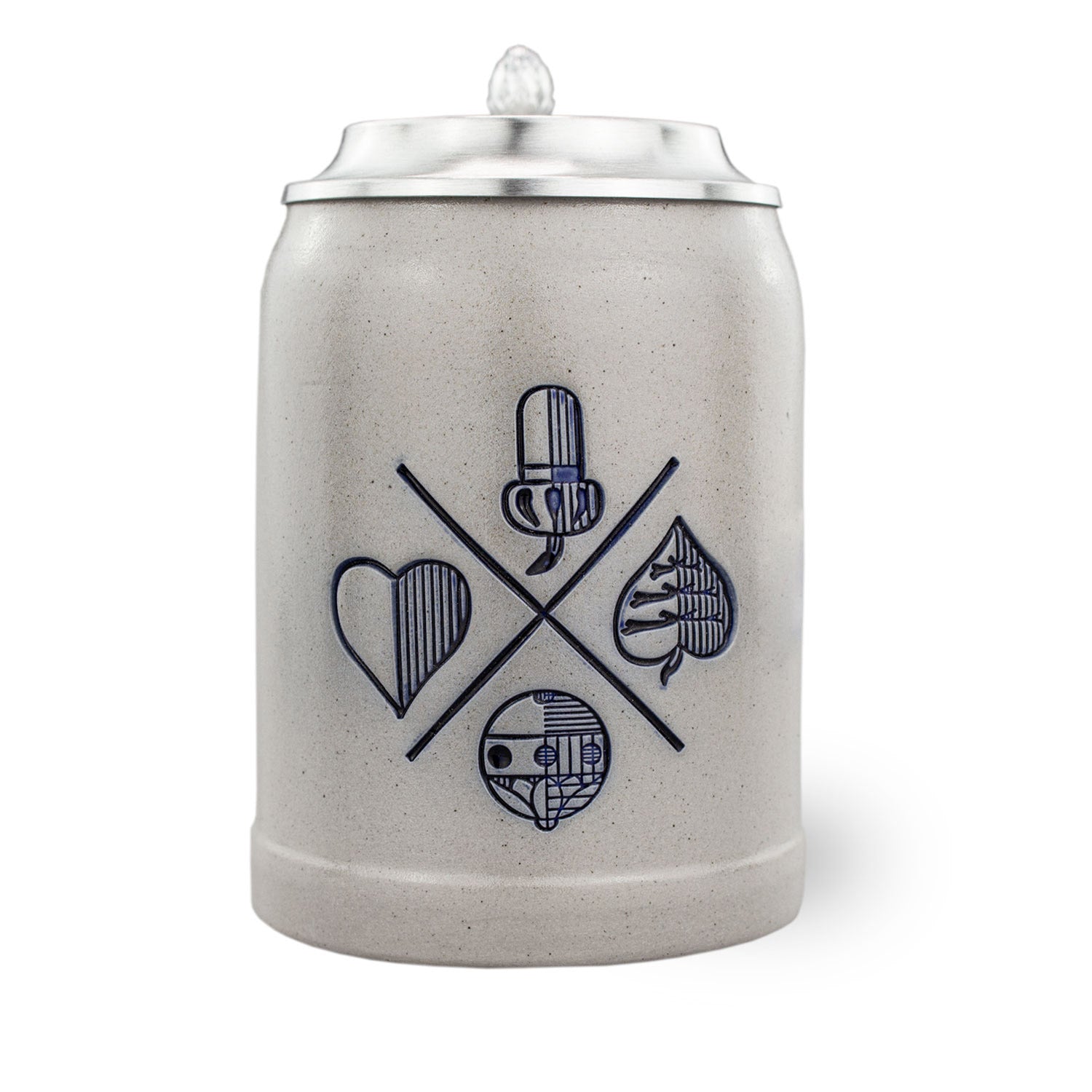 Traditioneller Bierkrug aus Steinzeug mit individuell gravierbarem Zinndeckel und Schafkopf-Motiv, 0,5 Liter.