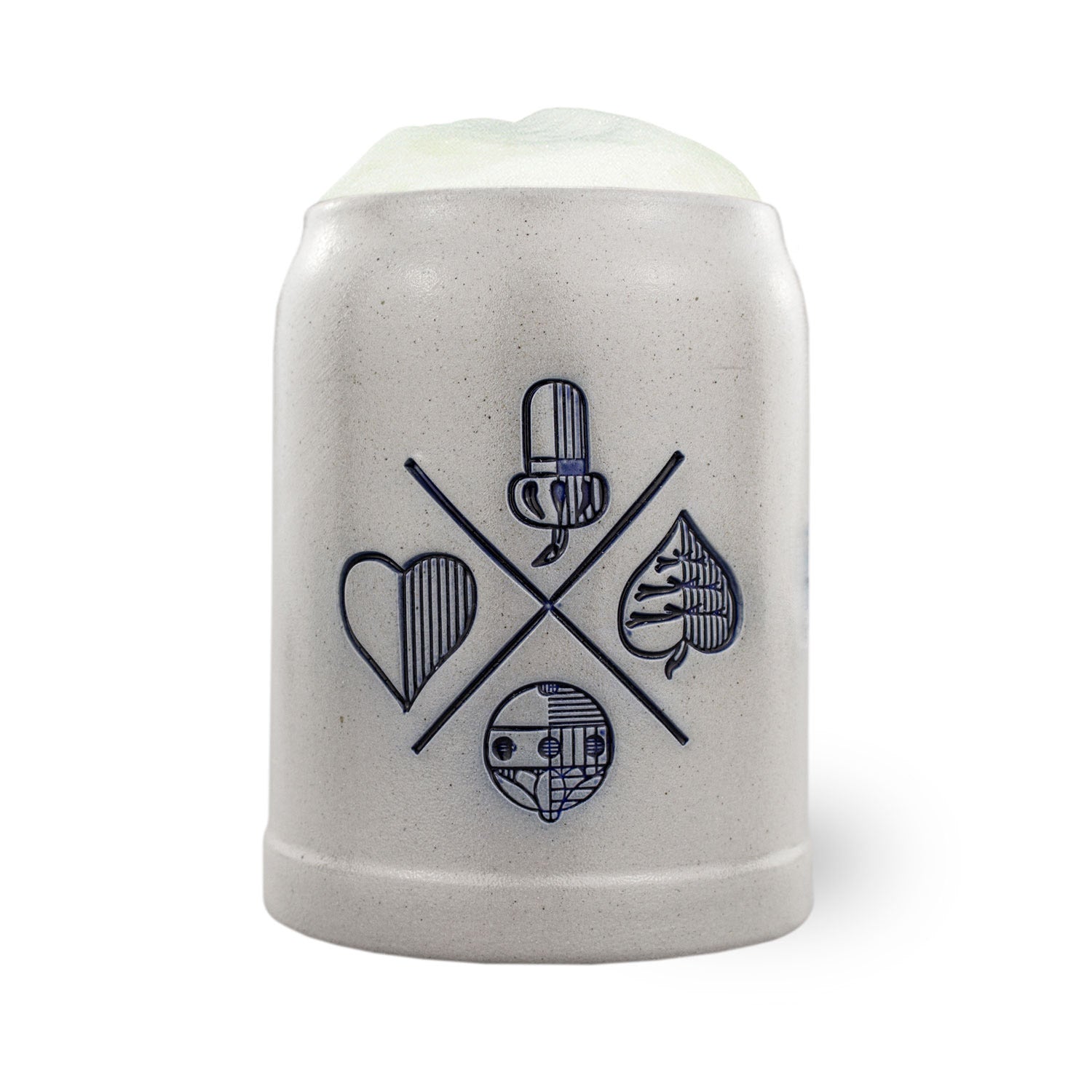Traditionell gefertigter Steinkrug mit Schafkopf-Motiv und eingeprägtem bayerischen Blatt, Volumen 0,5 Liter