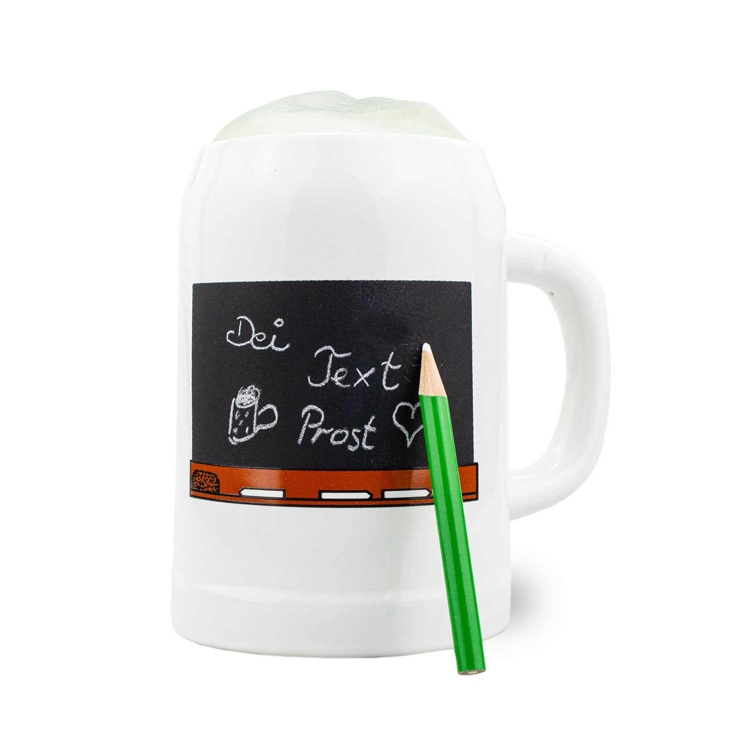 Bayrischer Steinkrug mit matter Tafelfläche zum Selbstbeschriften, inklusive Kreidegriffel, 0,5 Liter.