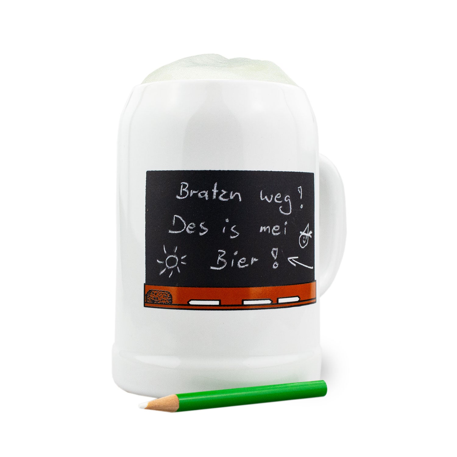 Bierkrug aus Stein mit matter Tafelfläche zum Beschriften, inklusive Kreidegriffel, Fassungsvermögen 0,5 Liter.
