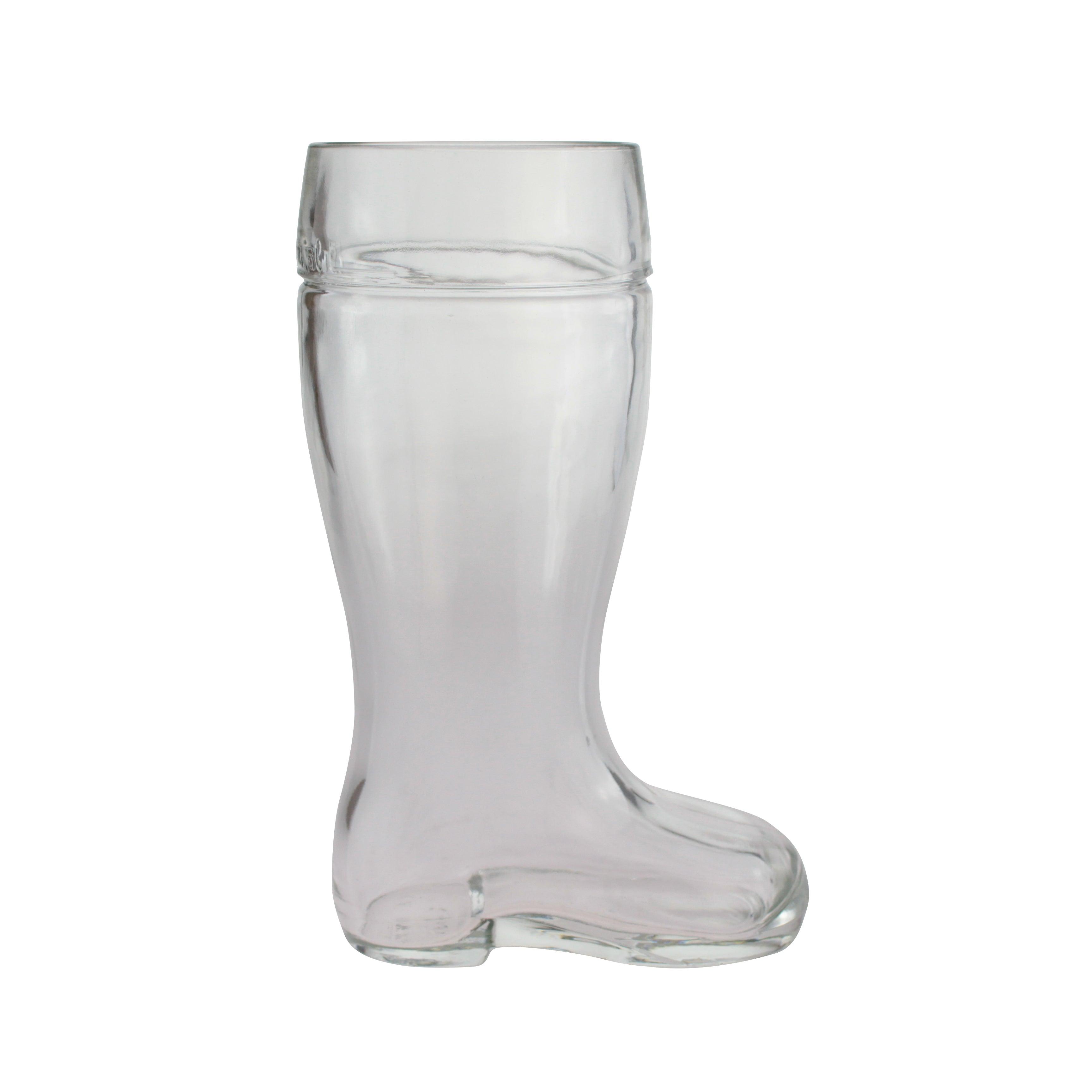 Klarer Bierstiefel aus Glas mit eingraviertem Logo und geschwungener Aufschrift, personalisierbar, 0,5 Liter.