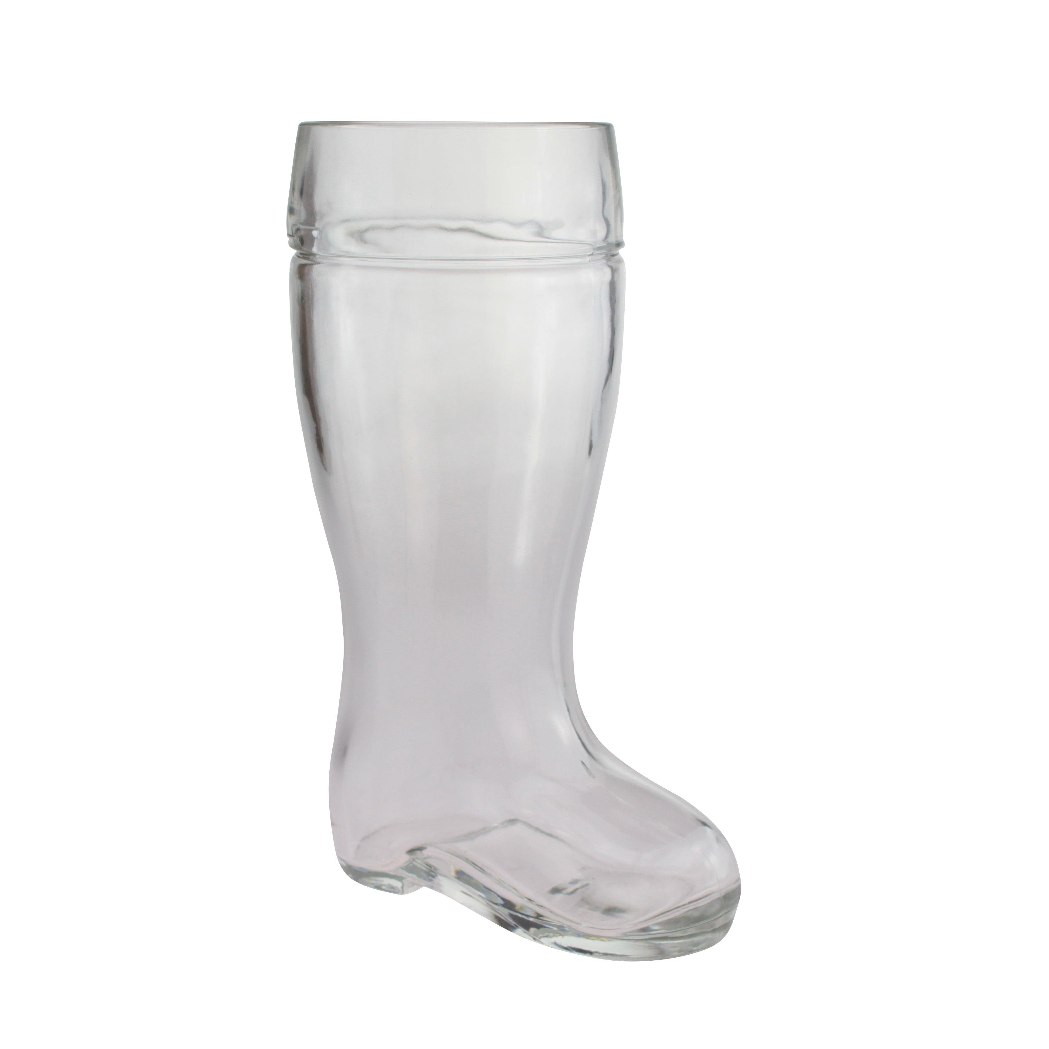 Transparenter Bierstiefel aus Glas mit eingraviertem Logo und individueller Gravur, 0,5 Liter Fassungsvermögen.