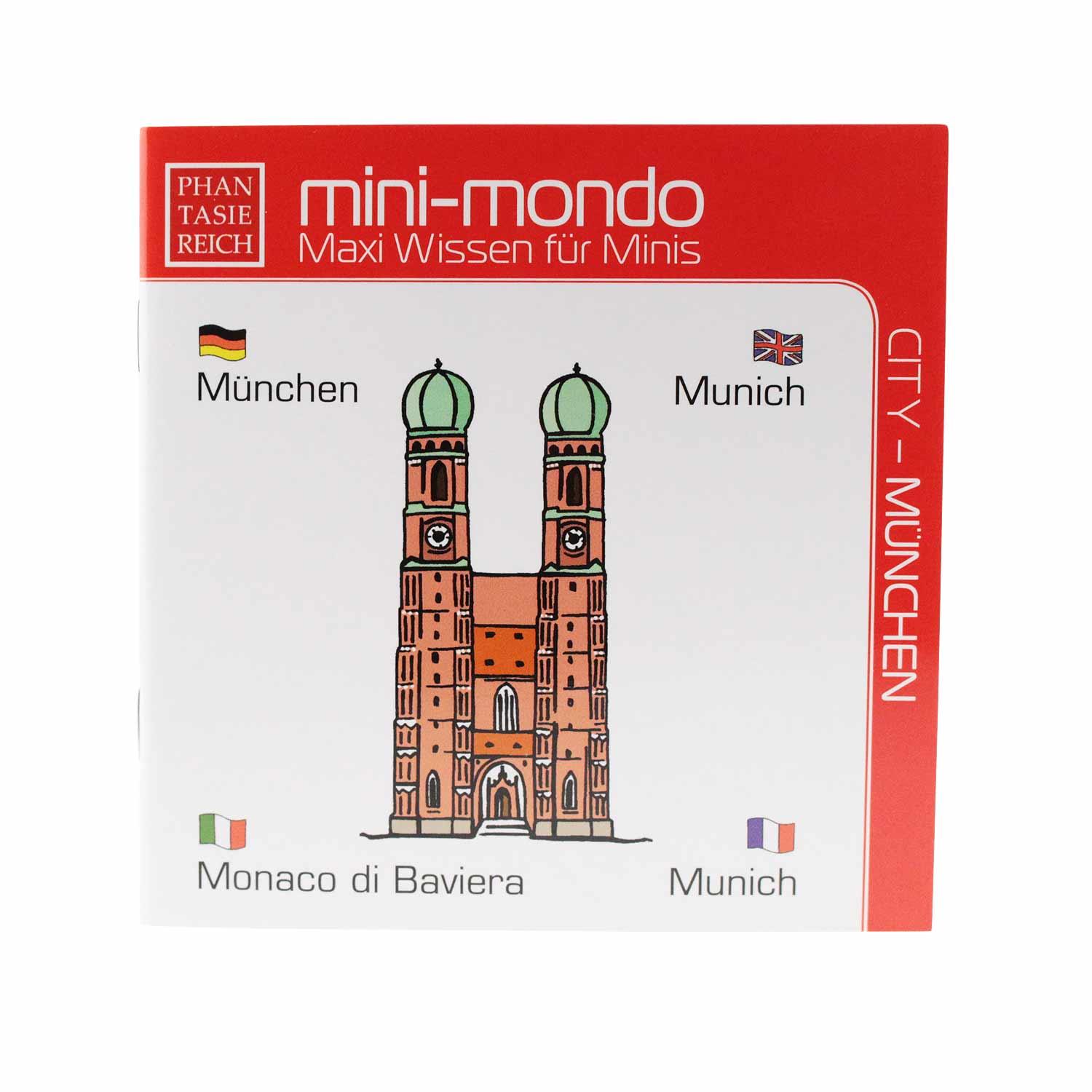 Viersprachiges Bilderwörterbuch mit bunten Illustrationen zu München in Deutsch, Englisch, Französisch, Italienisch.