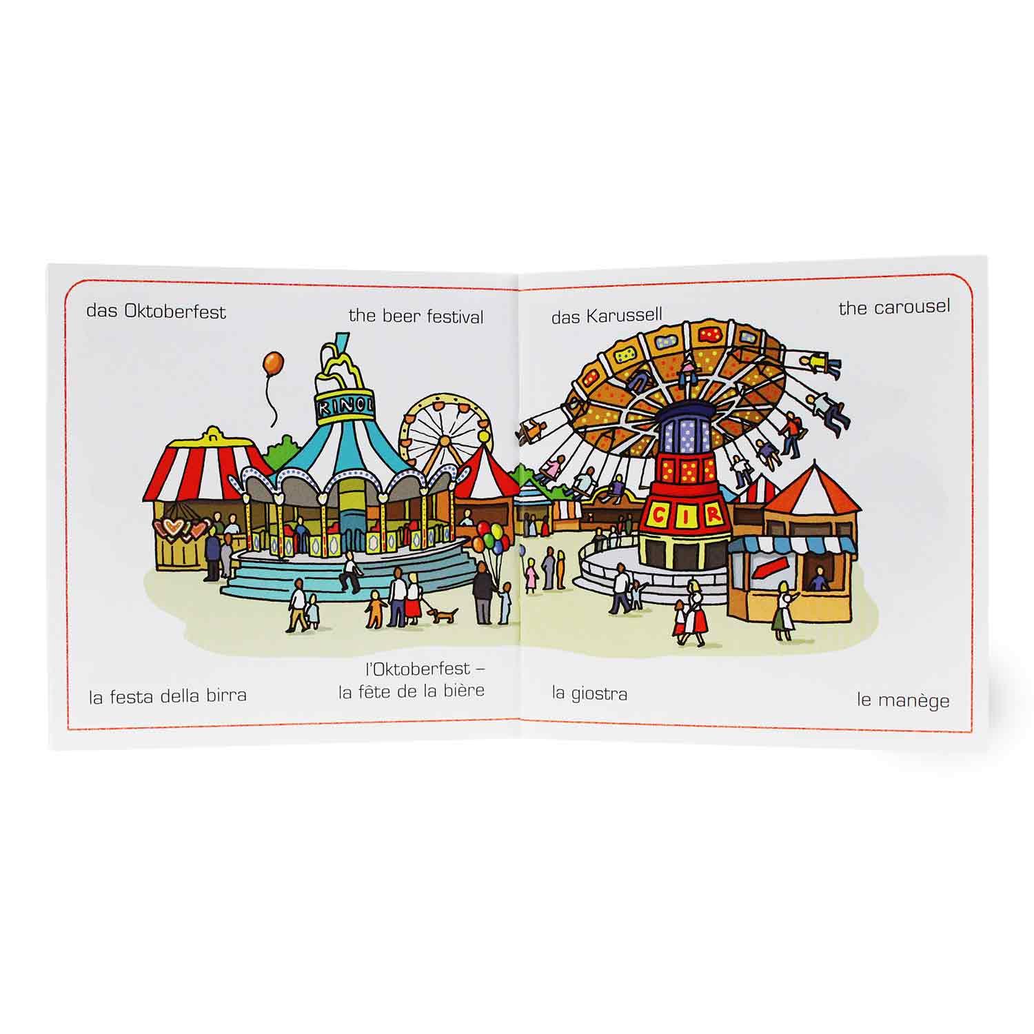 Vierfarbig illustriertes Kinderwörterbuch mit München-Motiven in Deutsch, Englisch, Französisch und Italienisch.