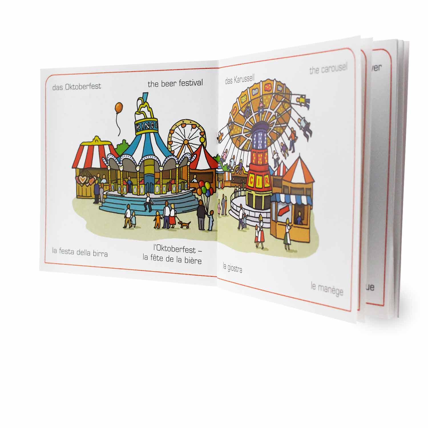 Viersprachiges Bilderwörterbuch mit handgezeichneten Motiven aus München, bunt illustriert, broschiert.