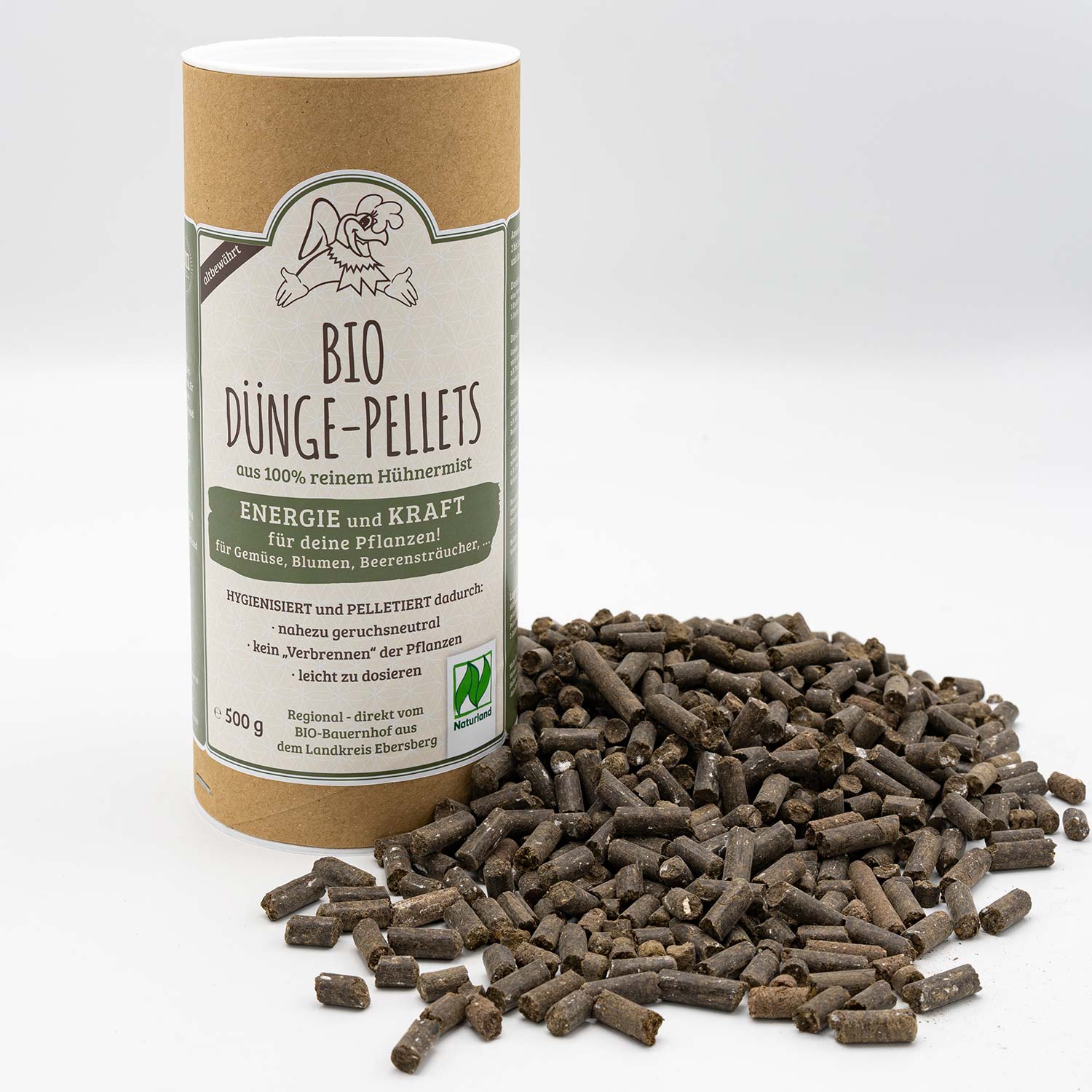 BIO Dünge-Pellets aus 100 % reinem Hühnermist mit effektiven Mikroorganismen, braun, pelletförmig.