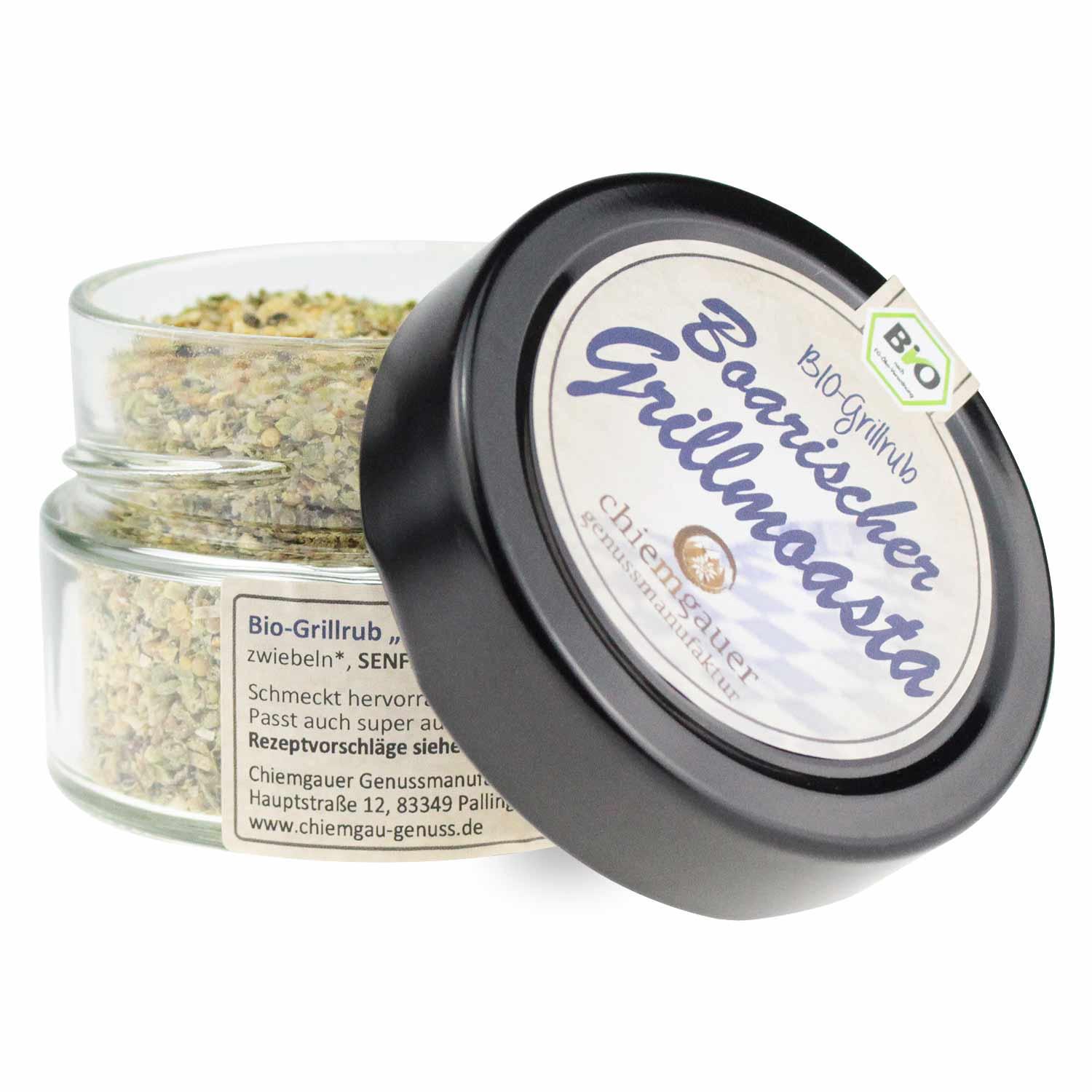 Bio-Grillrub-Salz mit grober Struktur, bräunlich-gelber Gewürzmischung aus Alpensteinsalz und Bio-Kräutern, 80 g.