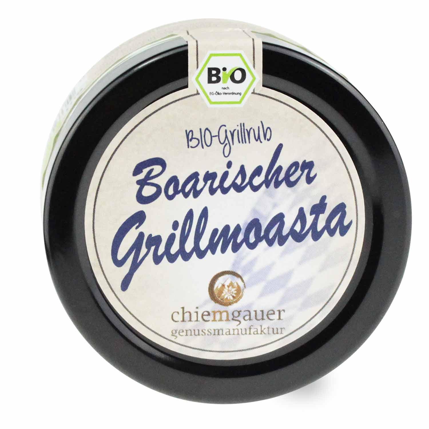 Bio-Grillrub mit grobem Steinsalz, Kräutern und Gewürzen, braun-grüne Mischung in loser Form, 80 g.