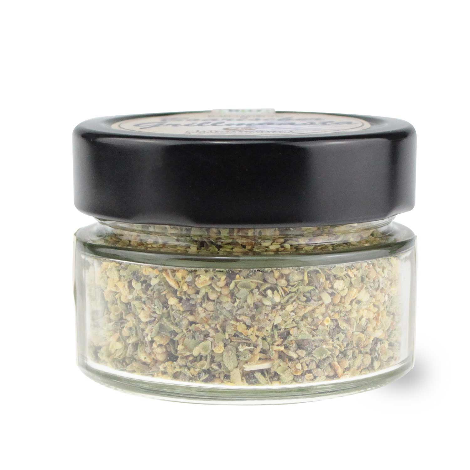 Grobes Bio-Grillrub-Salz mit sichtbaren Kräutern und Gewürzen, beige-braune Farbe, 80 g, Steinsalz aus den Alpen.