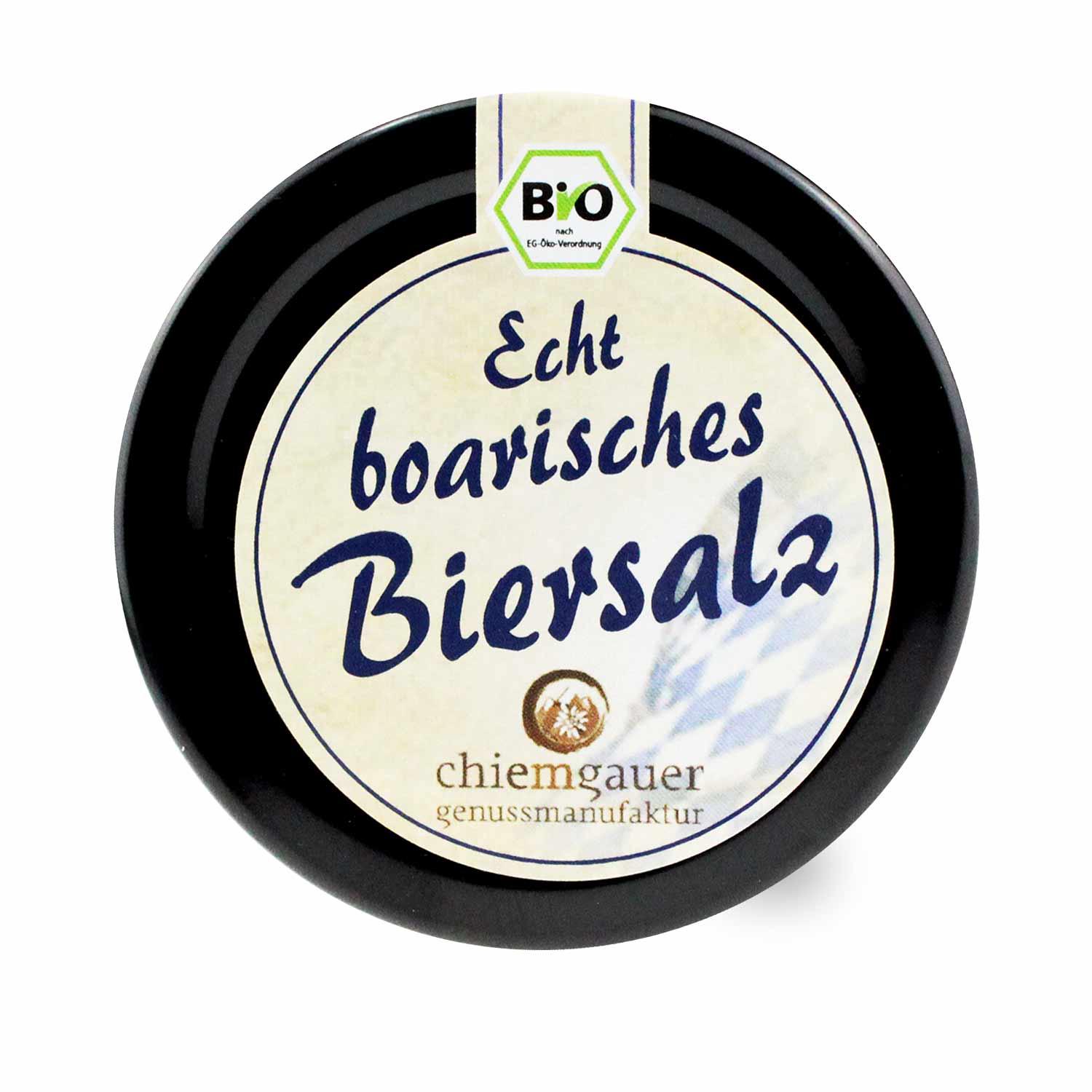 Grobes, beiges Bio-Steinsalz mit sichtbaren Kräutern und Zugabe von Hefeweißbier, Inhalt: 140 g.