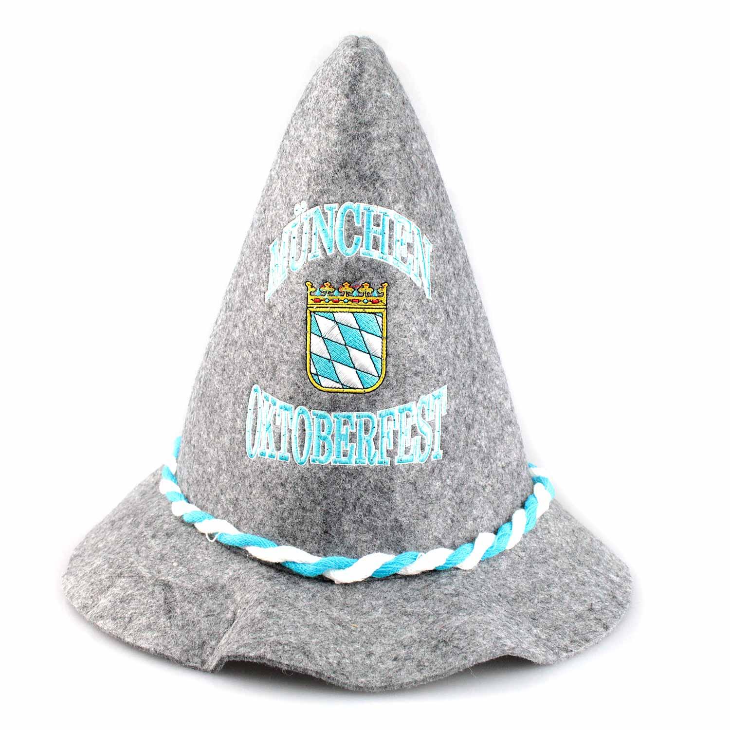 Grauer Oktoberfesthut mit hellblau-weißer Kordel, Stickerei „München Oktoberfest“ und blinkendem Bayernwappen.