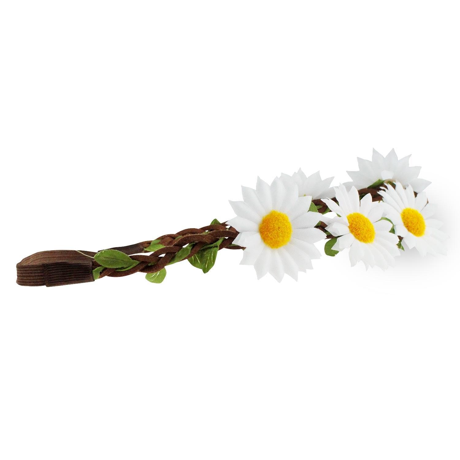 Blumen-Haarkranz mit weißen Margeriten und gelber Mitte, in braunes Ledergeflecht eingearbeitet, mit Gummiband.