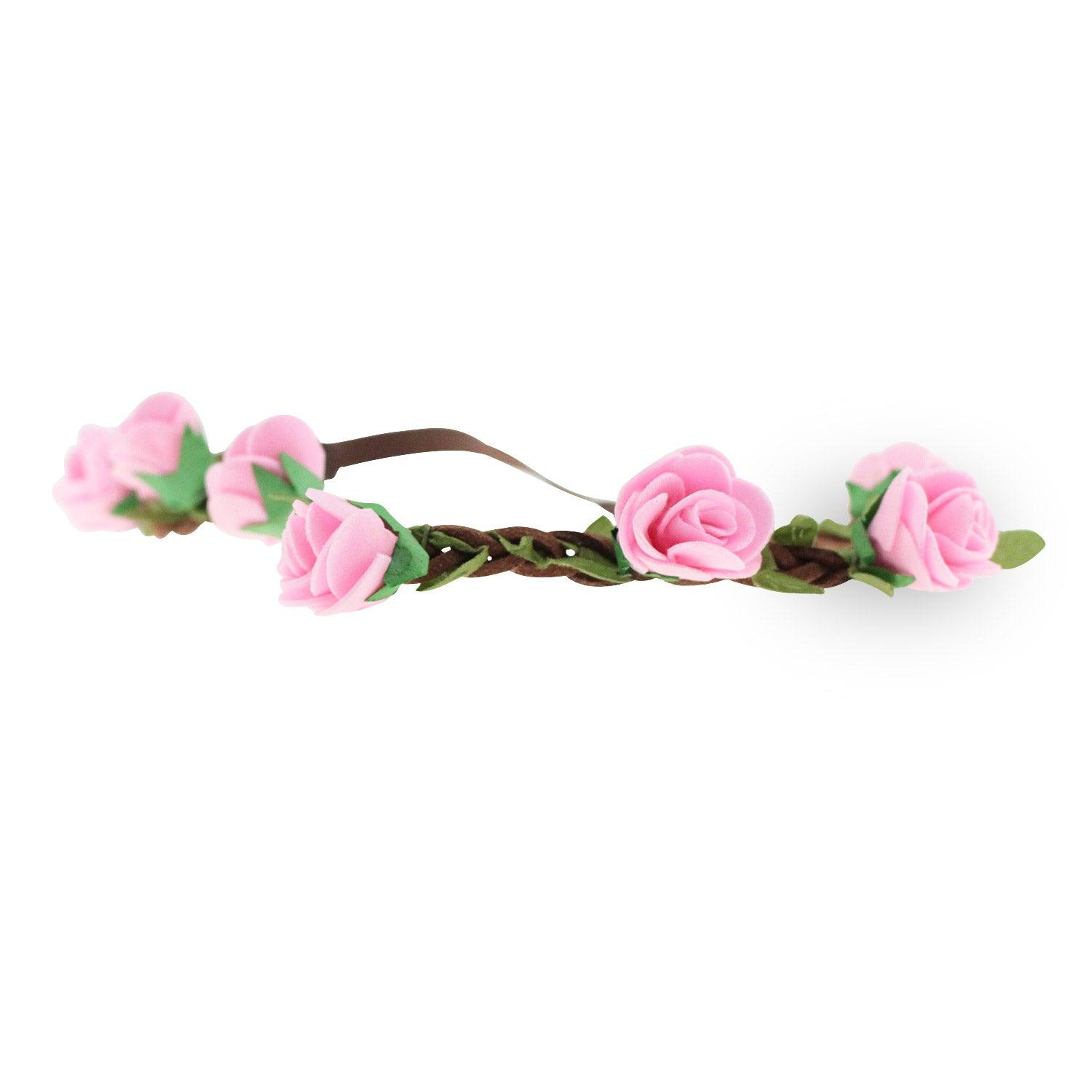 Rosa Blumen-Haarkranz mit textilen Blüten im Ledergeflecht, elastisches Gummiband, Einheitsgröße.