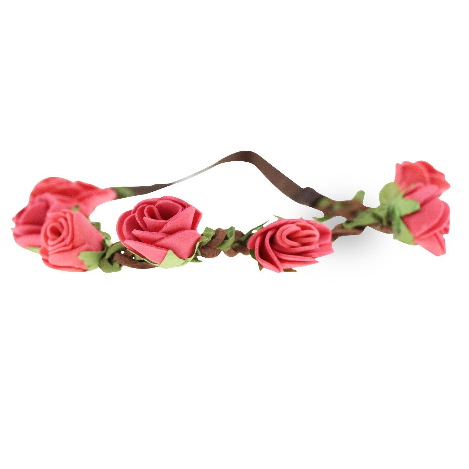 Roter Blumen-Haarkranz mit künstlichen Blüten im Ledergeflecht und elastischem Gummiband, Einheitsgröße.