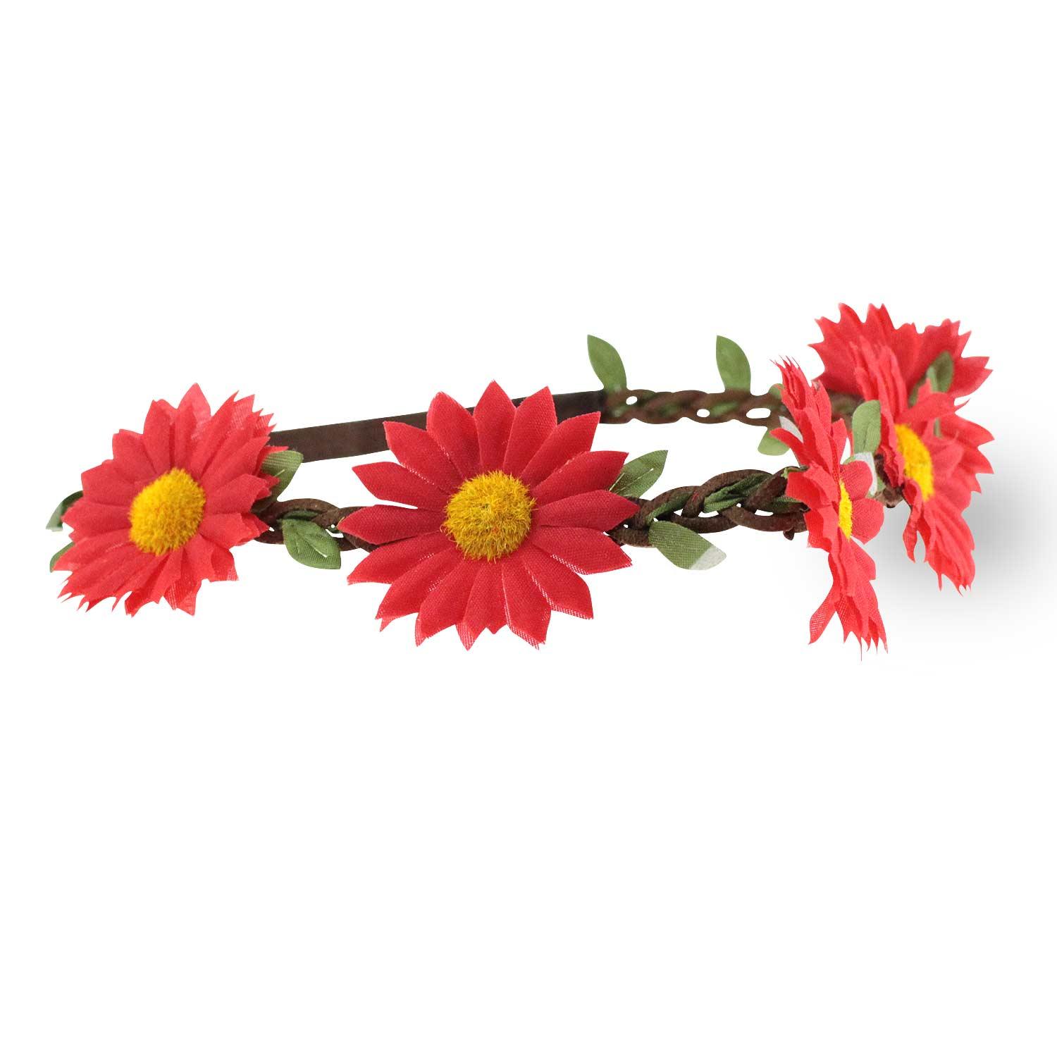 Blumen-Haarkranz mit roten Margeriten, geflochtenem Lederband und elastischem Gummizug, Einheitsgröße.