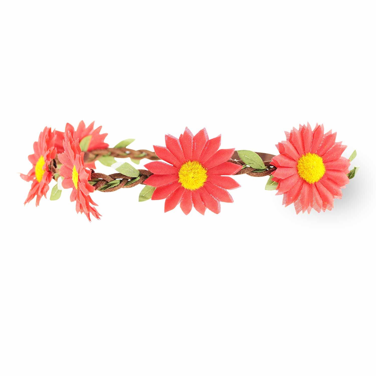 Blumen-Haarkranz mit roten Margeriten und grünen Blättern, in Ledergeflecht mit Gummiband verarbeitet, Einheitsgröße.