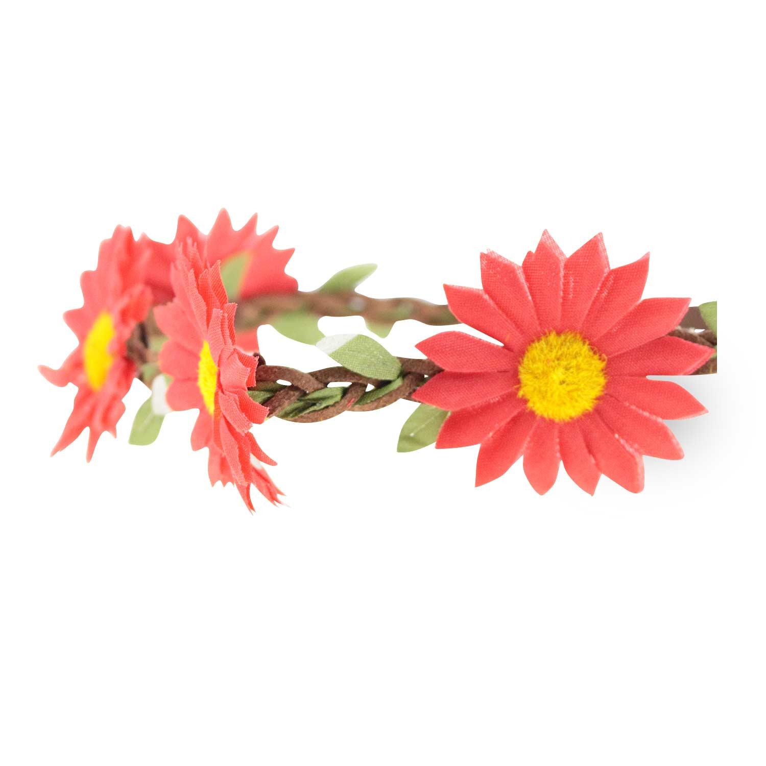 Blumen-Haarkranz mit roten Margeriten in Ledergeflecht, elastisches Gummiband, Einheitsgröße, detailreich gearbeitet.