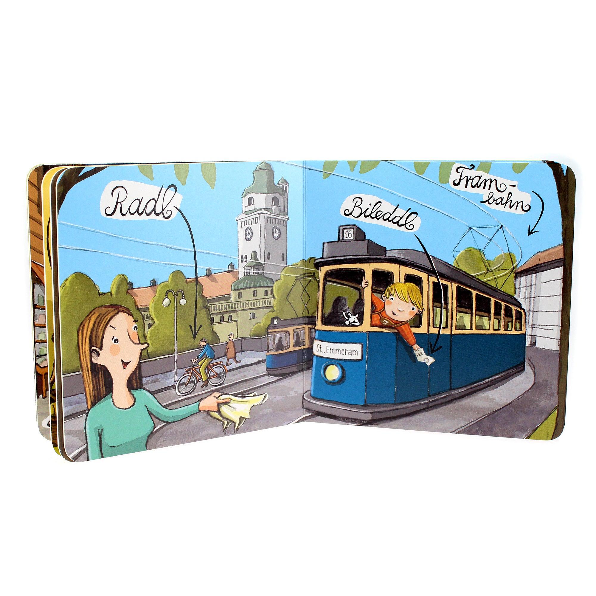 Quadratisches Kinderbuch mit bunter Cover-Illustration, bayerischen Begriffen und festem Einband, 15×15 cm.