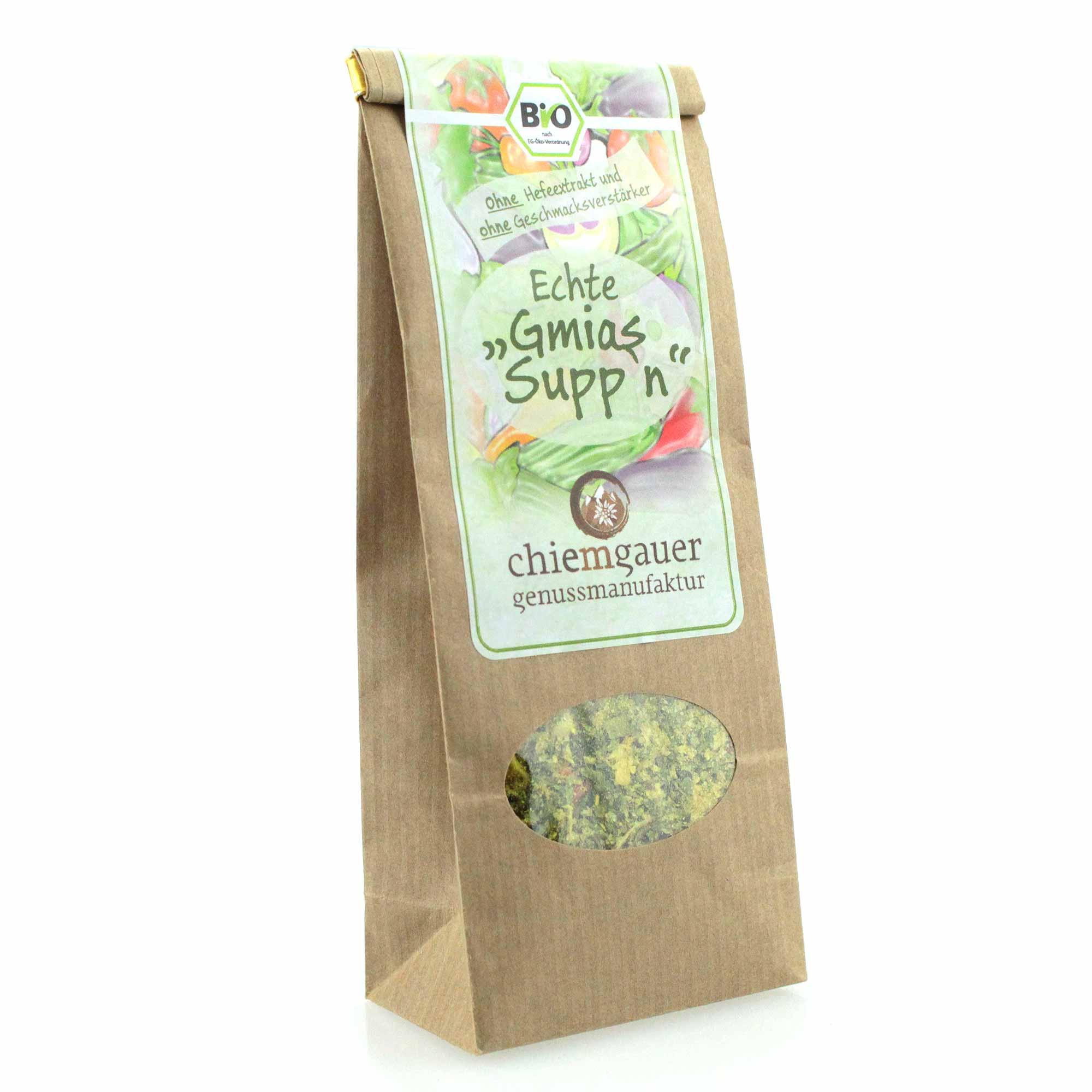 Getrocknete Gemüsesuppe aus biologischem Anbau mit Karotten, Lauch, Sellerie und Kräutern, ohne Geschmacksverstärker.