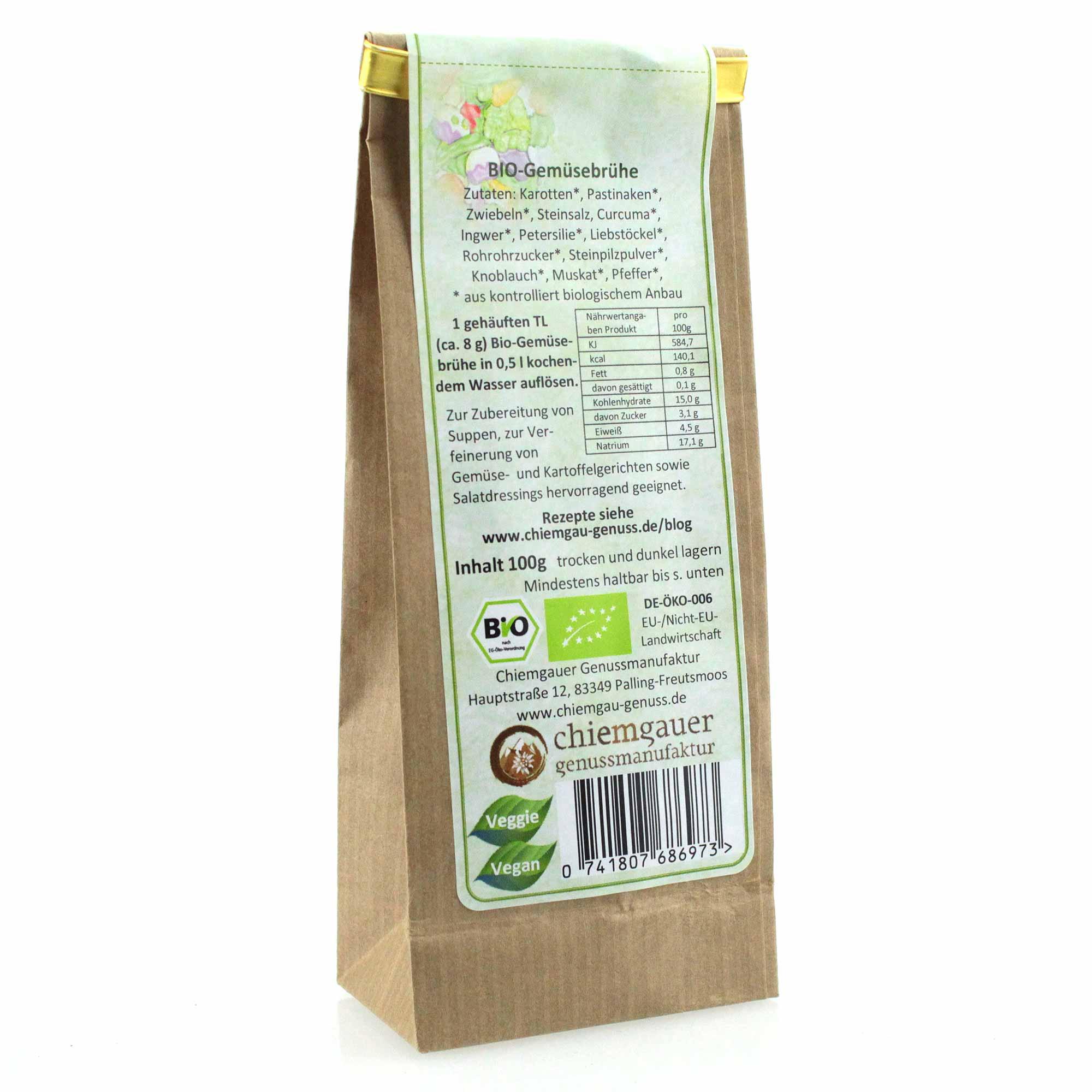 Bio-Gemüsesuppe aus getrocknetem Gemüse mit Kräutern, ohne Geschmacksverstärker, trocken-feinkörnig, beige-grün.