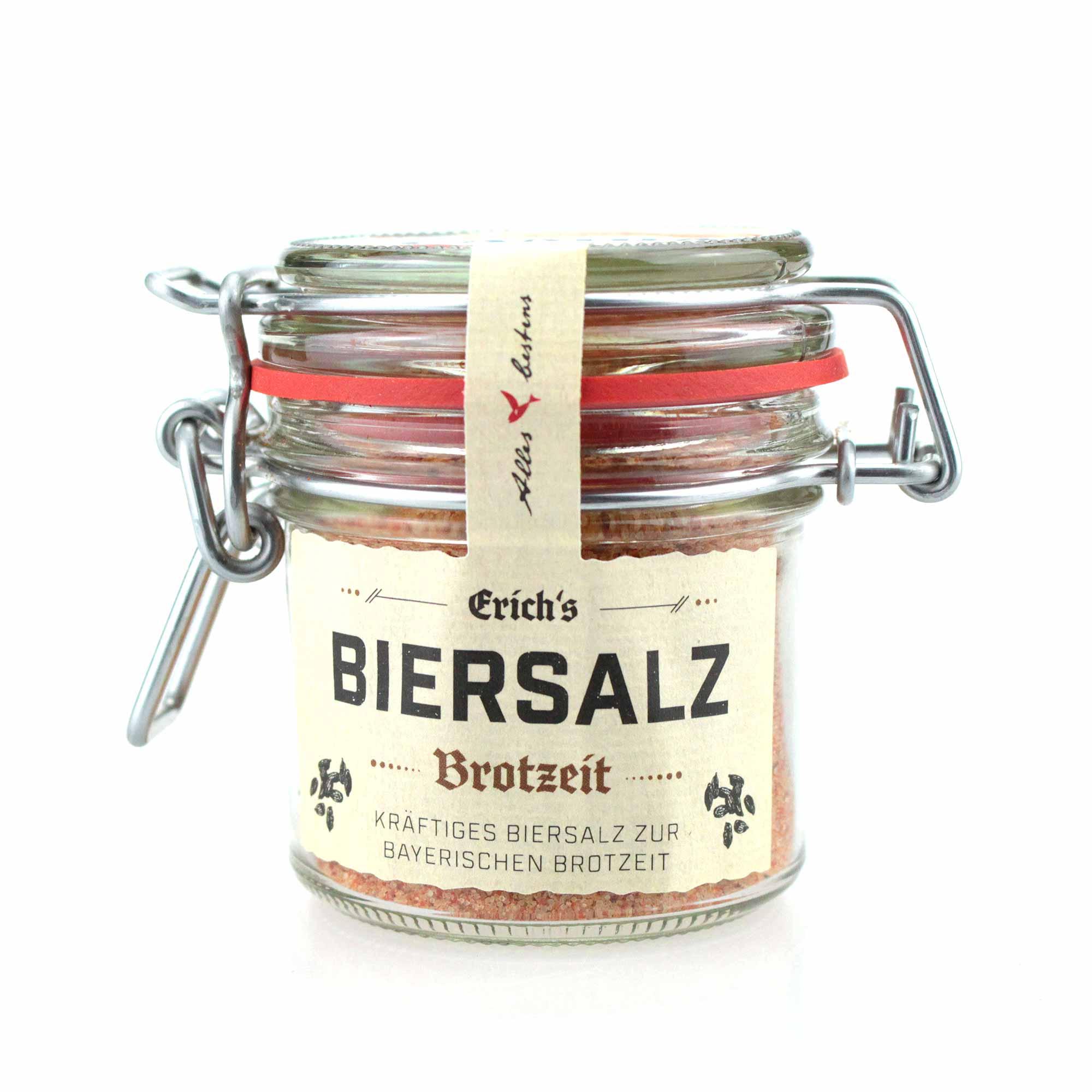 Kräftiges, grobkörniges Biersalz mit goldbrauner Färbung, handgemacht in Bayern, im runden Einweckglas, 100 g.