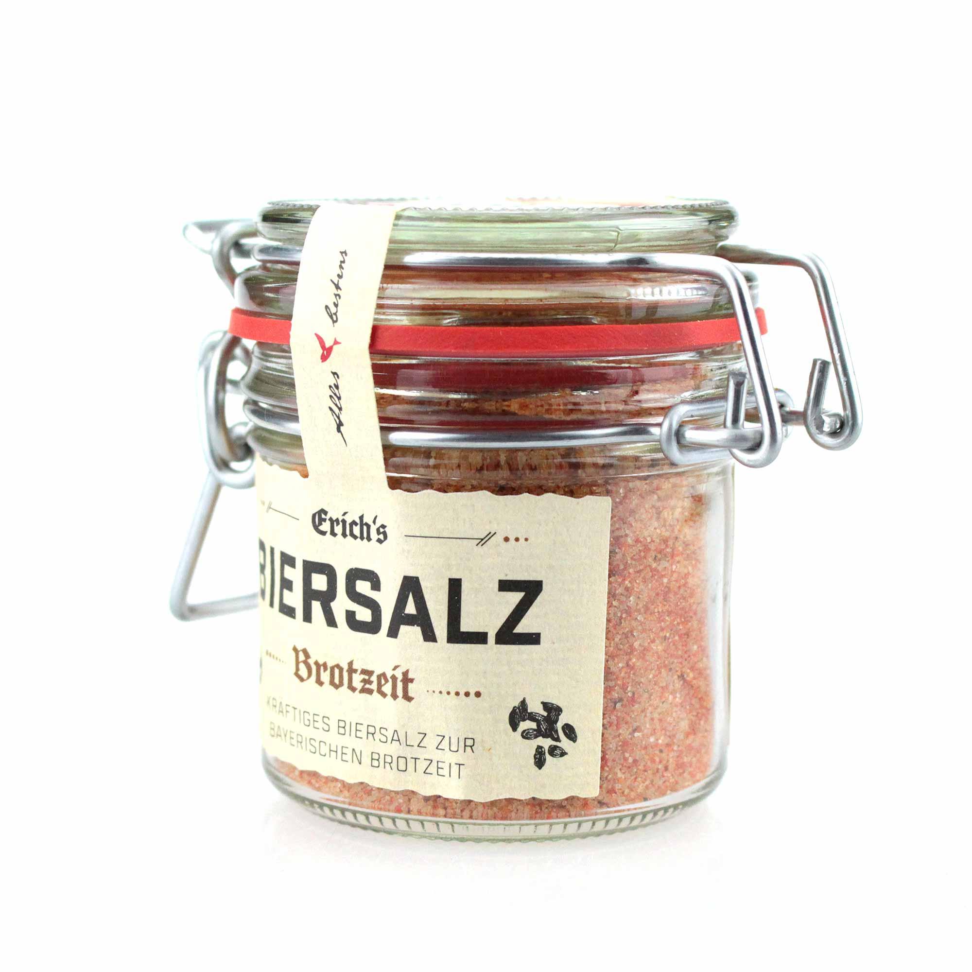 Kräftiges, grobkörniges Biersalz in natürlichem Beigeton, im runden Einweckglas mit Metallbügel, 100 g.
