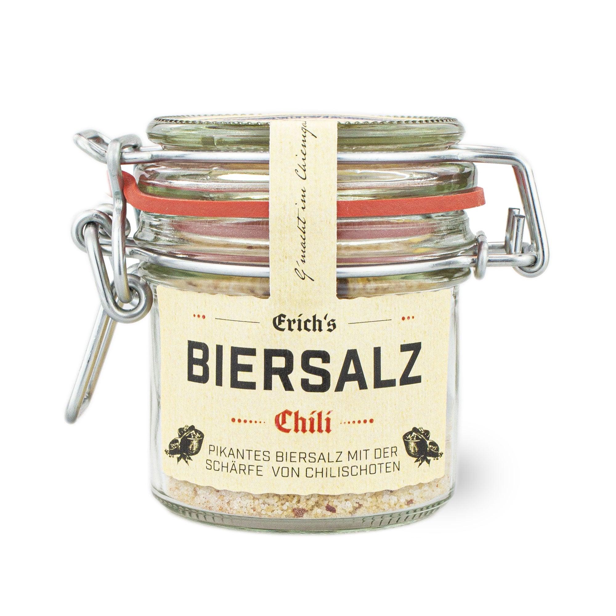 Handgemachtes Biersalz mit Chili und Gewürzen in grober Körnung, leicht scharf, im transparenten Einweckglas, 100 g.
