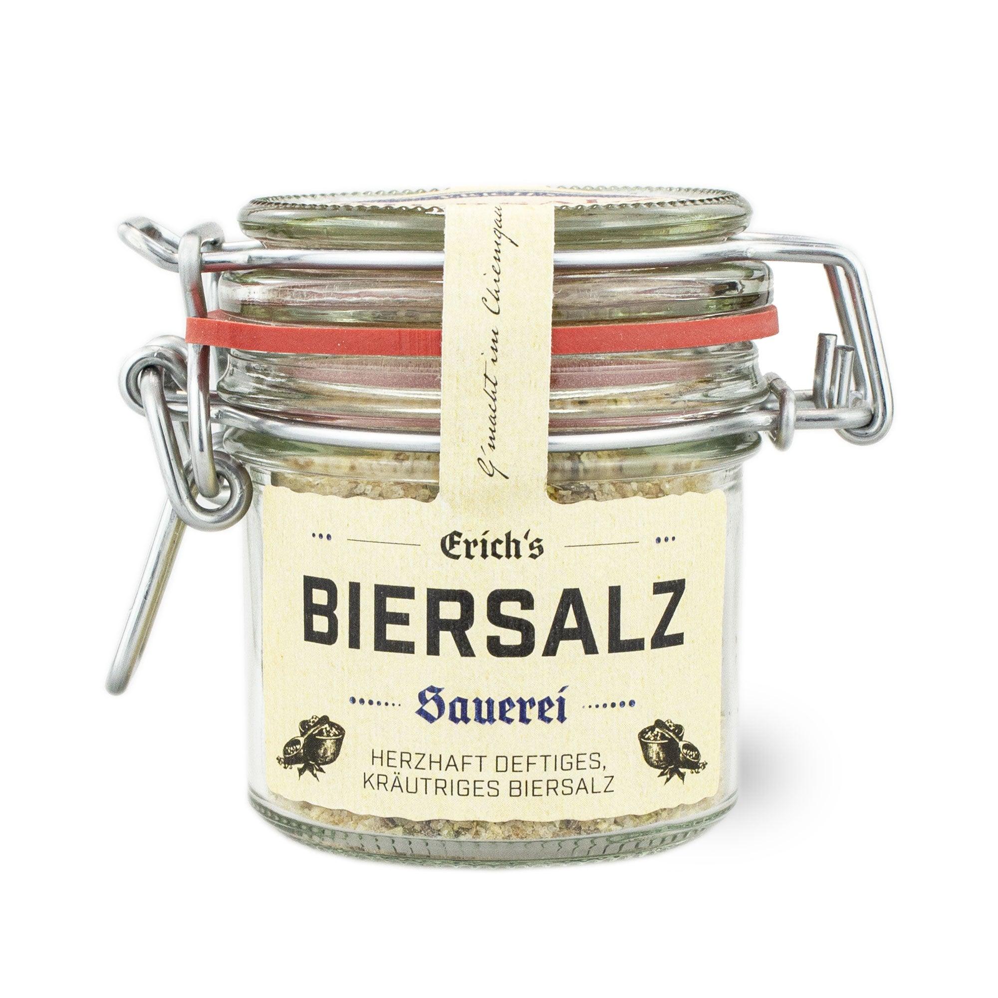 Kräftiges, handgemachtes Biersalz mit kräutrig-würziger Mischung in grober Körnung, abgefüllt im Einweckglas, 100 g.