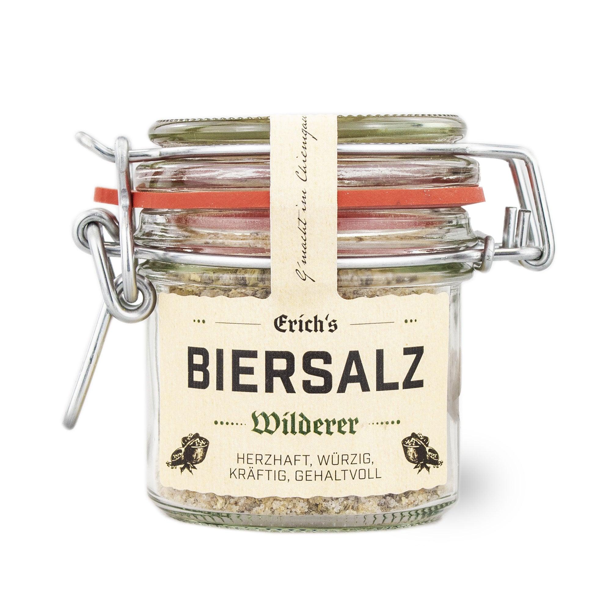 Gewürzmischung aus Salz und feinen Kräutern mit sichtbaren Biermalzstücken, handgemacht im Einweckglas, 100 g.