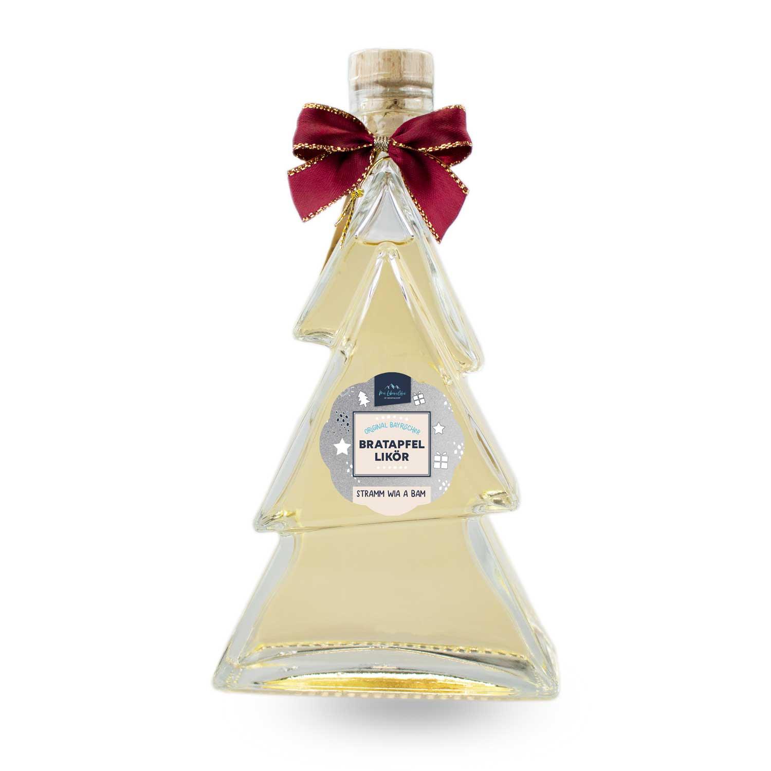 Bratapfel-Likör in dekorativer, grüner Flasche in Tannenbaumform mit goldfarbenem Verschluss, Inhalt 200 ml