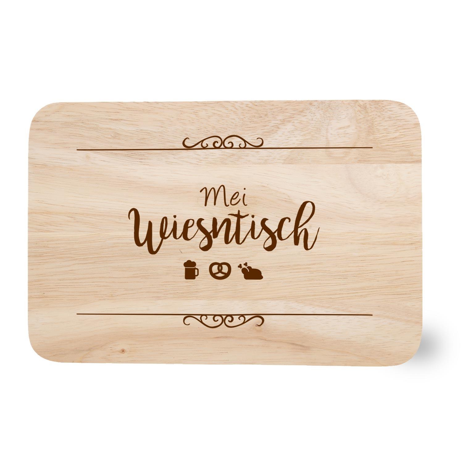 Ovales Brotzeitbrett aus Holz mit Gravur „mei Wiesntisch“ und Bierkrug-Motiv in dunkler Holzoptik.