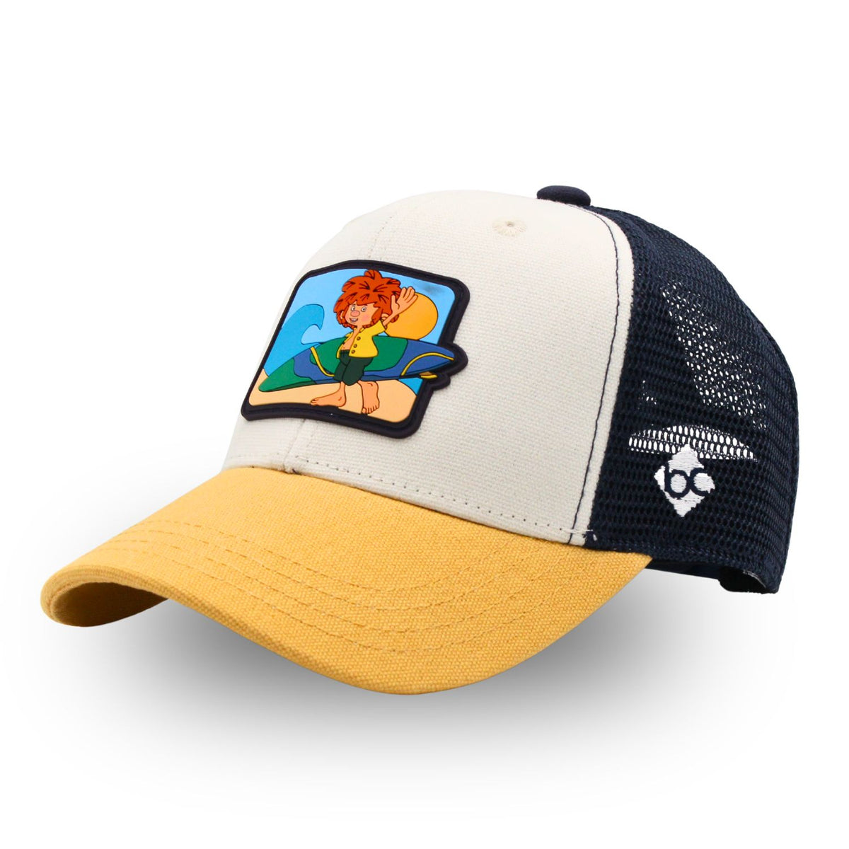Pumuckl Kinder Cap „Pumuckl surft“, Ansicht schräg rechts mit gebogenem senfgelbem Schirm