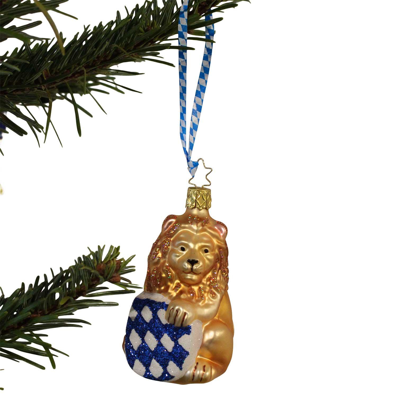Christbaumschmuck aus mundgeblasenem Glas in Form eines bayerischen Löwen, verspiegelt mit echtem Silber.