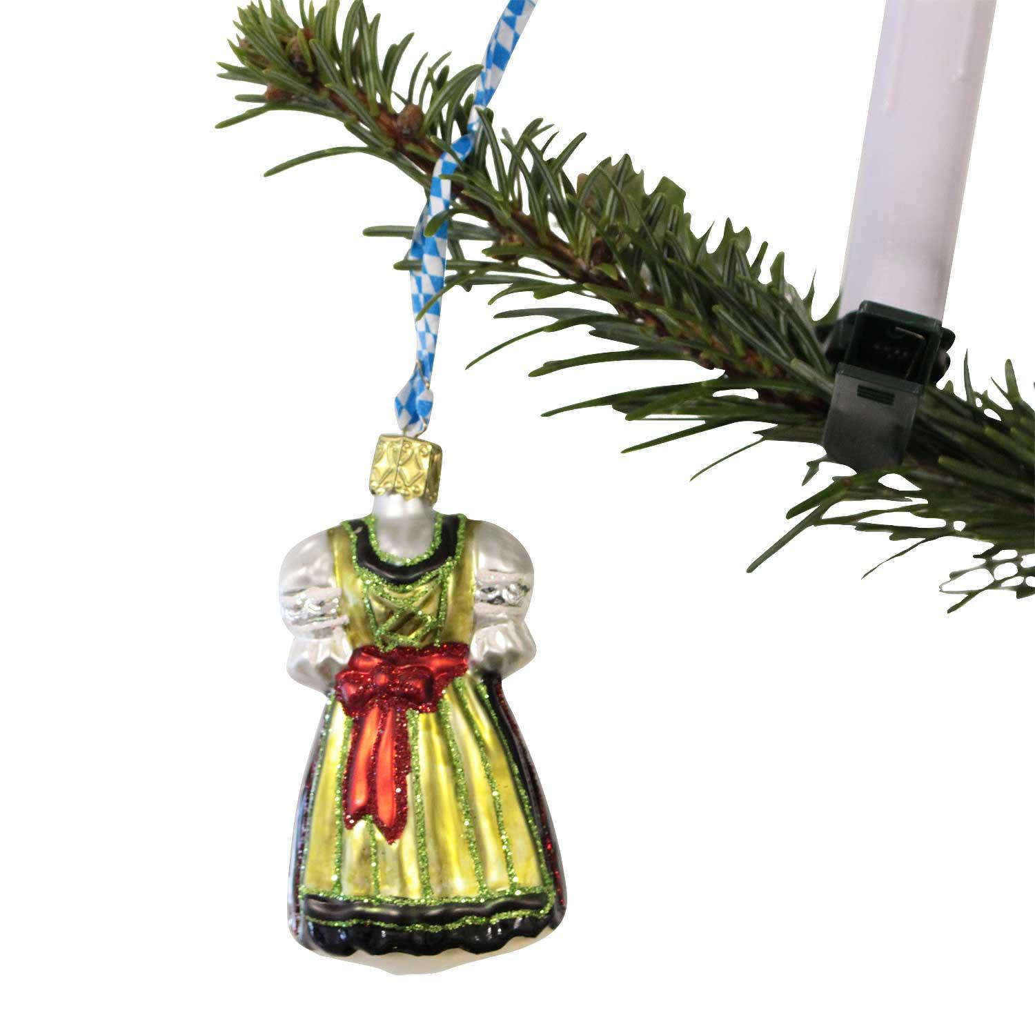 Christbaumschmuck in Dirndl-Form aus mundgeblasenem Glas, rot-weiß kariert, versilbert mit Sterling Silber