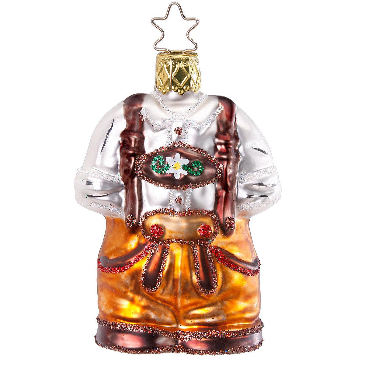 Christbaumschmuck in Form einer braunen Lederhose aus mundgeblasenem Glas, verspiegelt mit Sterling-Silber.