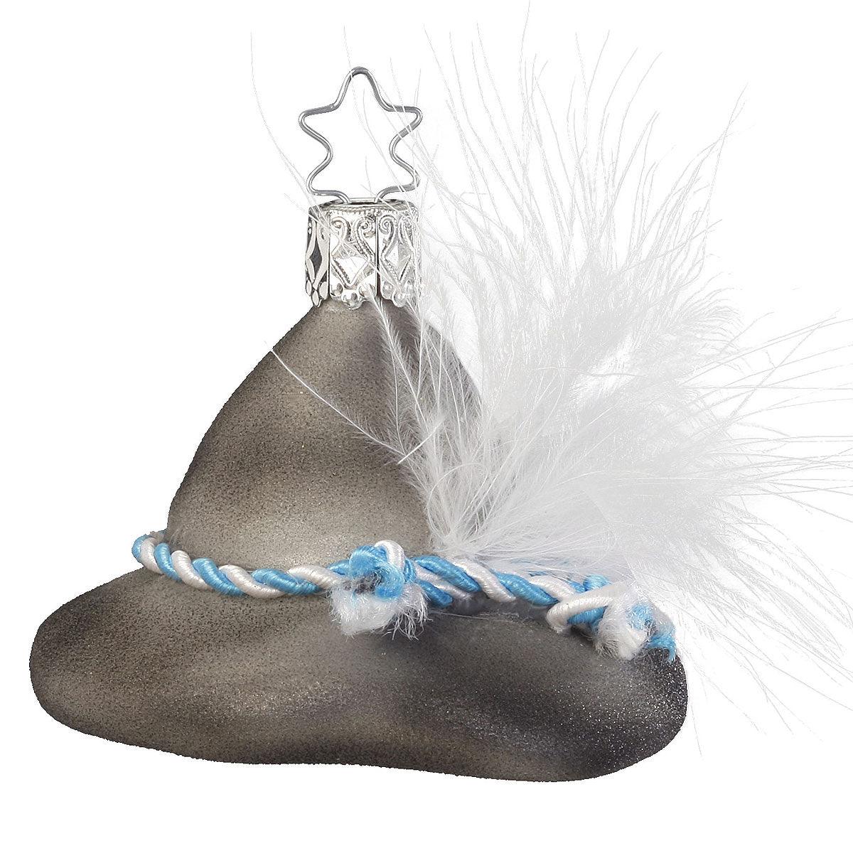 Christbaumschmuck in Form eines bayerischen Hutes aus mundgeblasenem Glas, verspiegelt mit Sterling Silber.
