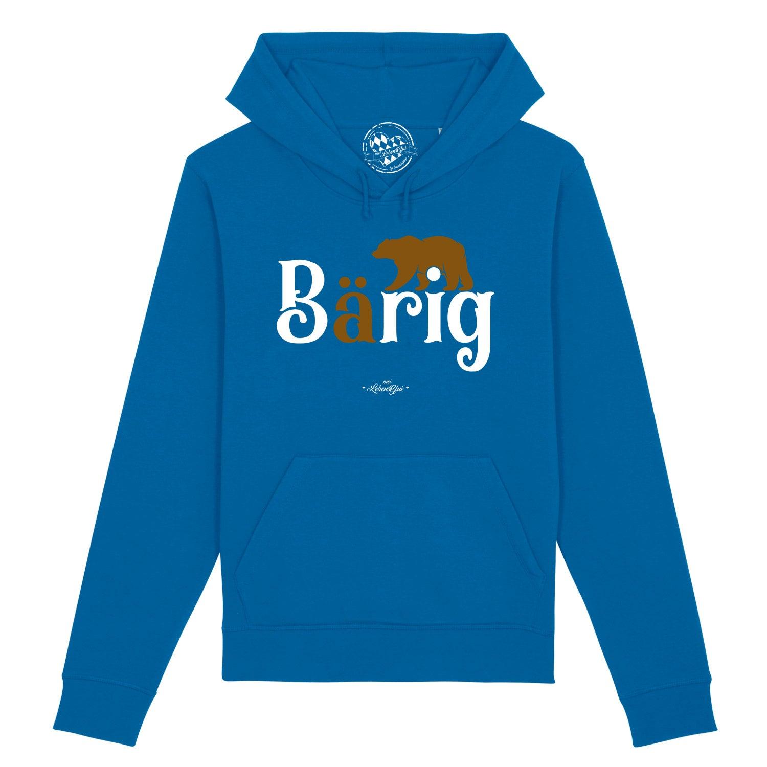 Damen Hoodie in Hellgrau mit Bärenmotiv und Schriftzug „bärig“, Kapuze, Kordelzug, Kängurutasche, Bio-Baumwolle.