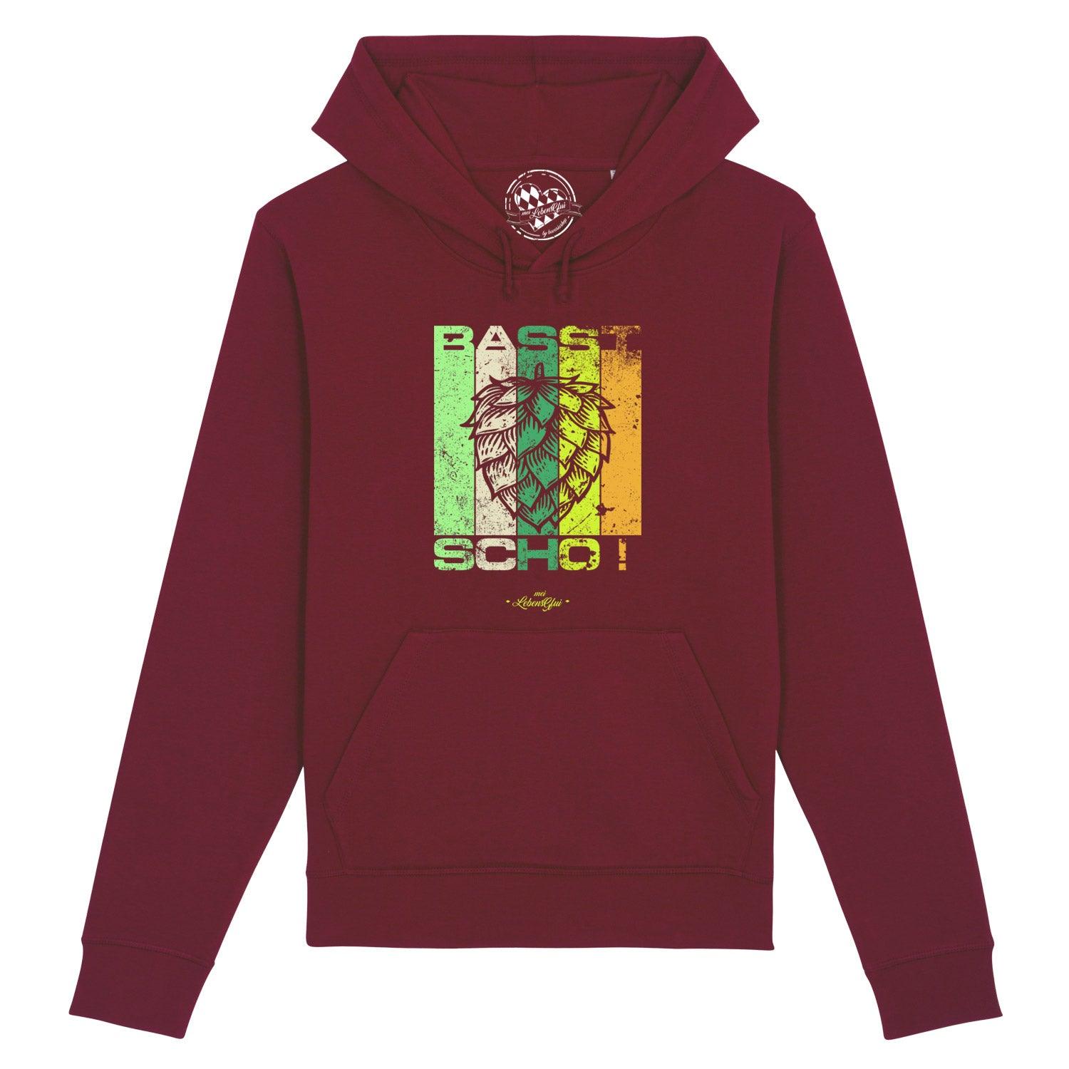 Damen Hoodie in Dunkelblau mit weißem Schriftzug „Basst scho“, Kapuze, Kängurutasche, aus Bio-Baumwolle.