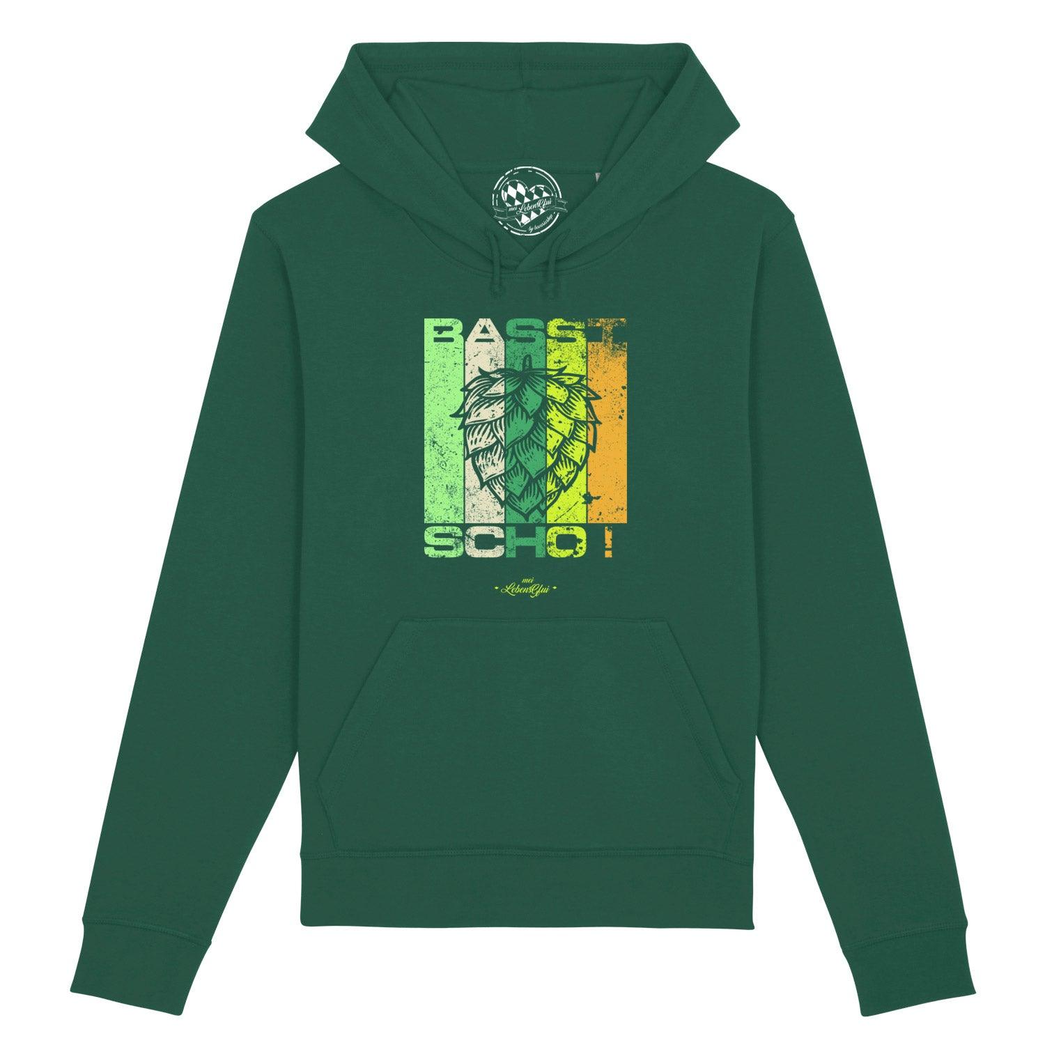 Damen Hoodie in Dunkelblau mit weißem „Basst scho“-Aufdruck, Kapuze, Kängurutasche, Bio-Baumwolle-Mix.