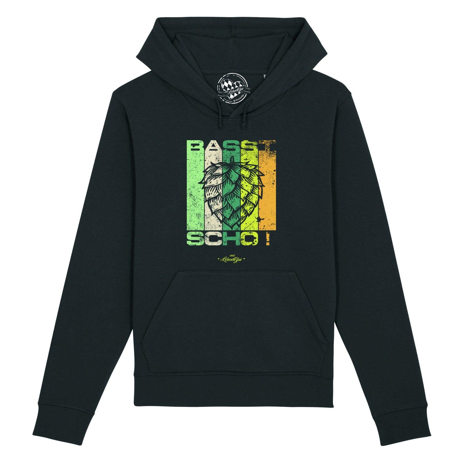 Damen Hoodie in Dunkelblau mit weißem Frontprint „Basst scho“, Kapuze, Kängurutasche, Bio-Baumwolle-Mix.